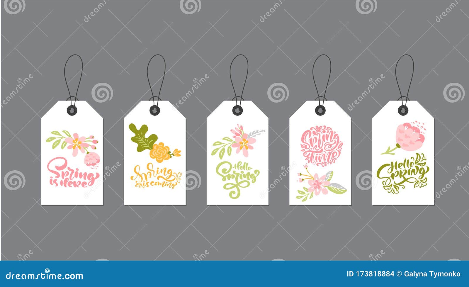 set of cute creative tag templates with flower theme  and calligraphy letterign spring text. hand drawn 