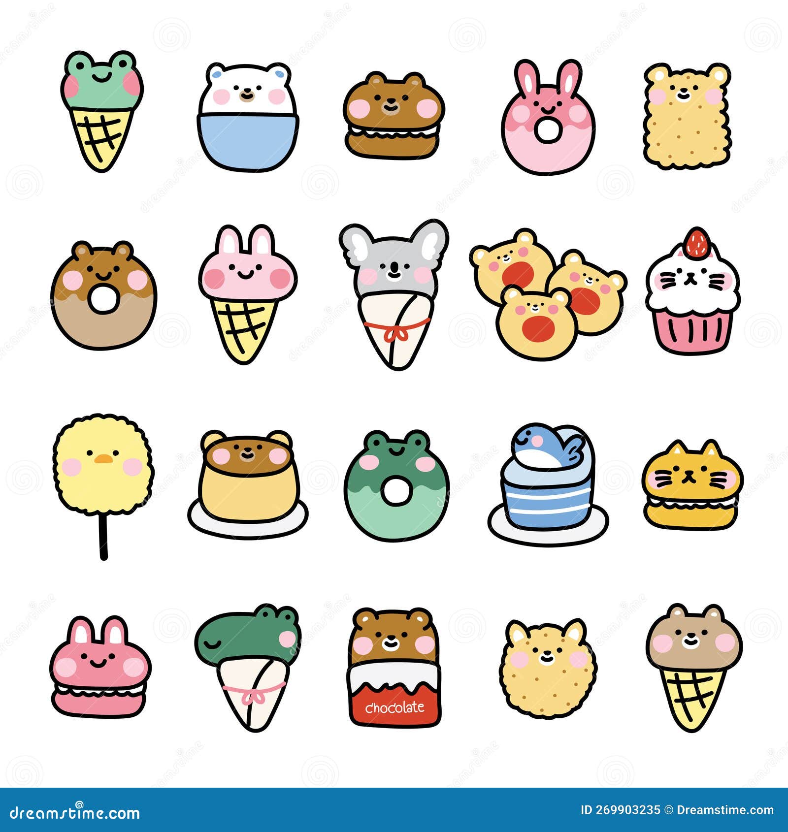 Set of Fun Stickers Desserts Kawaii Bakery Food Stock Vector