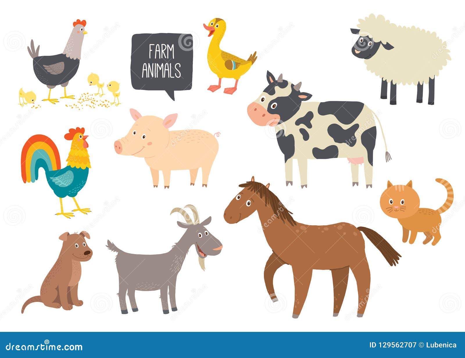 Set of Cute Farm Animals. Horse, Cow, Sheep, Pig, Duck, Hen, Goat, Dog, Cat,  Cock. Cartoon Vector Hand Drawn Eps 10 Stock Vector - Illustration of lamb,  bird: 129562707