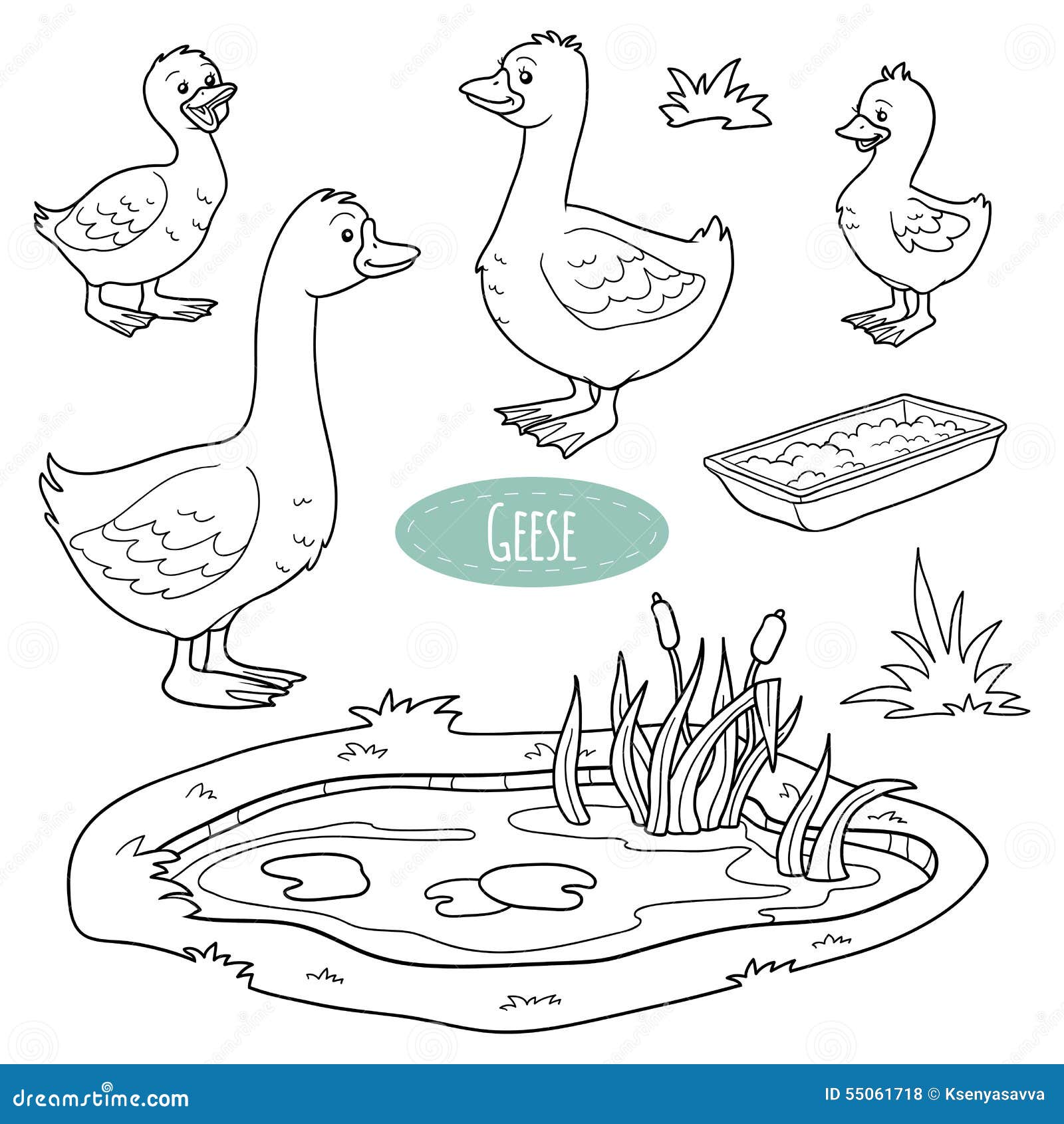 set of cute farm animals and objects,  goose family