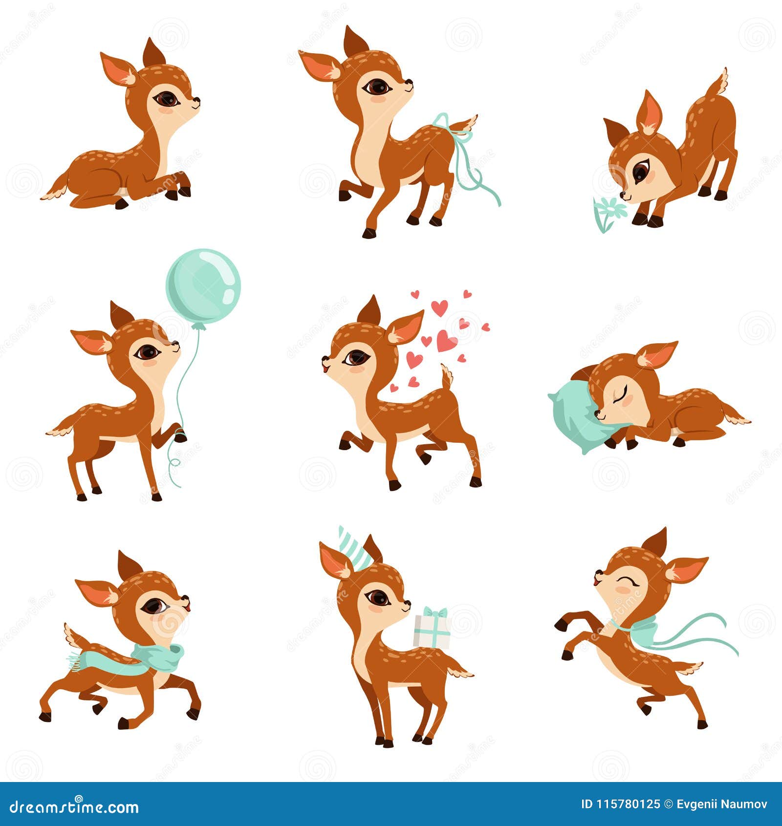 flat  set of cute fawn in different actions. cartoon character of little deer. adorable forest animal. graphic