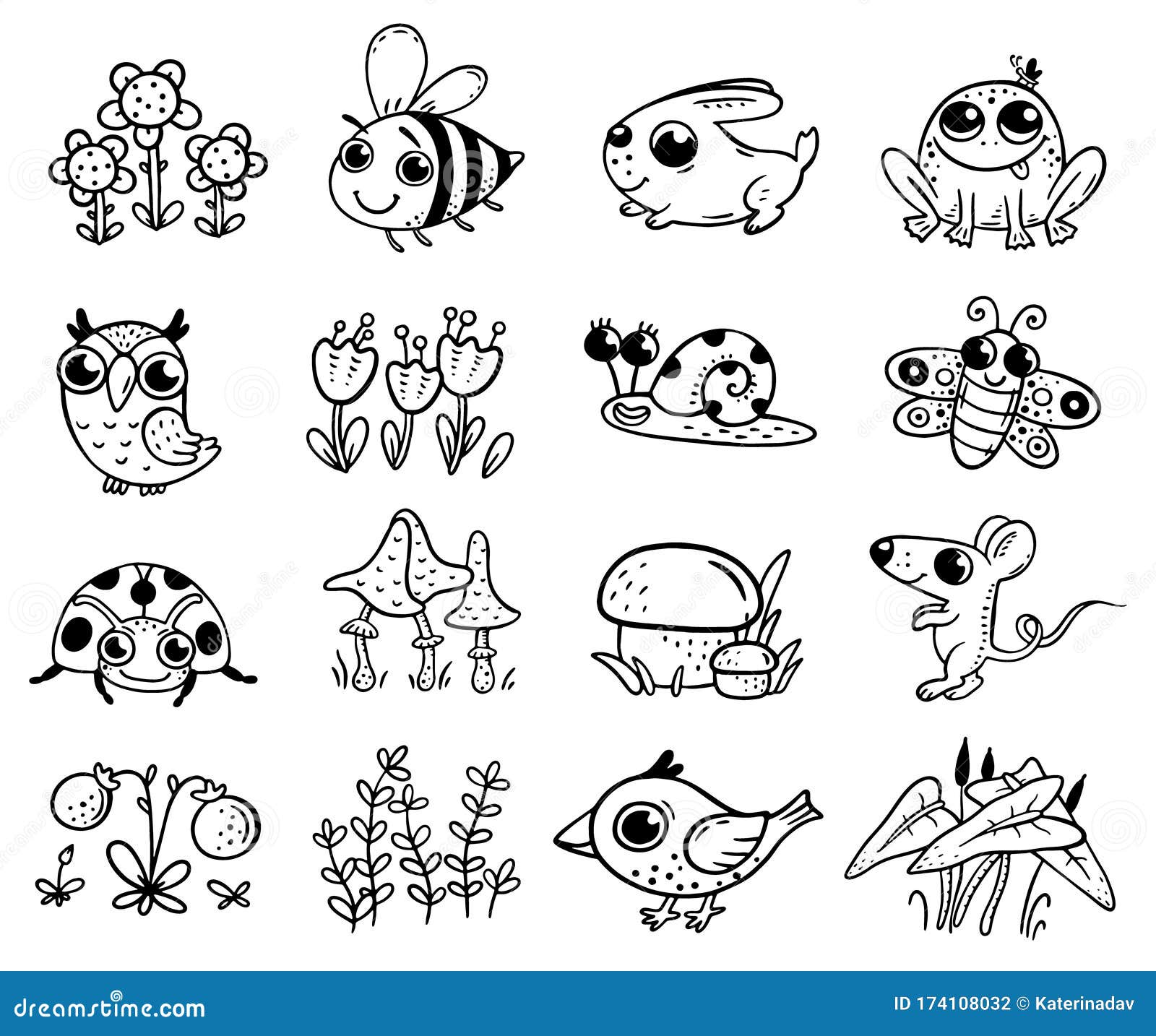 Set Of Cute Forest Or Woodland Animals And Plant Elements Suitable For Stickers Coloring Page Stock Vector Illustration Of Mushroom Graphic 174108032