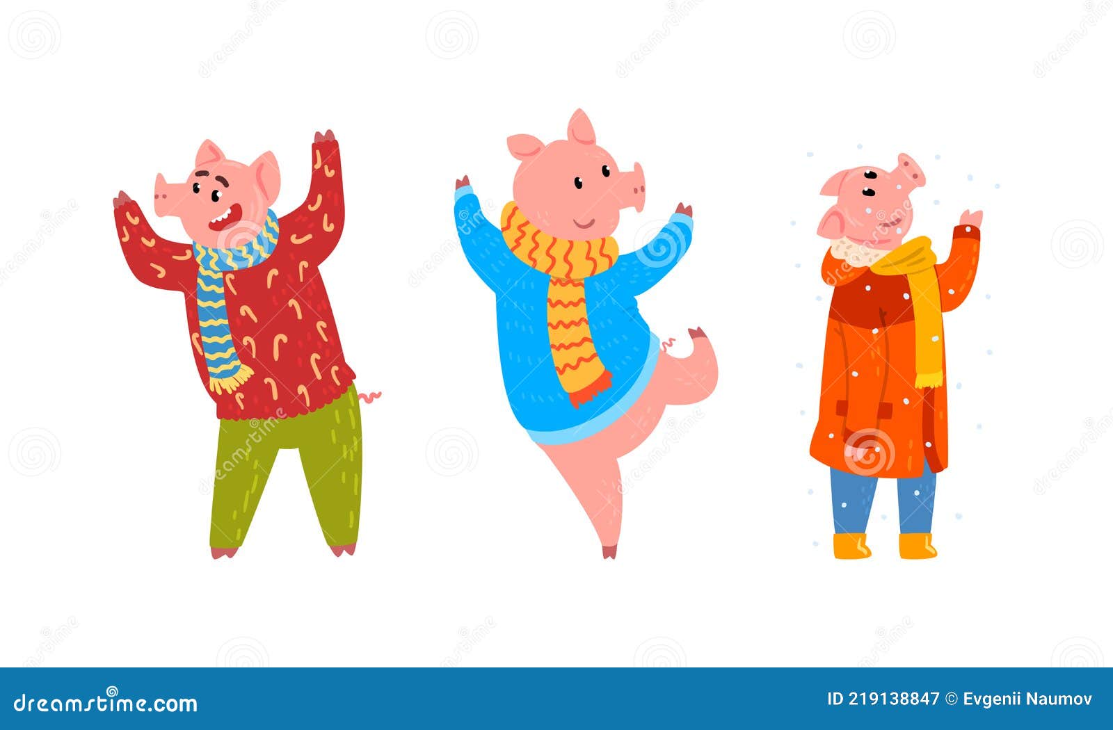 set of cute funny pig characters dressed warm bright clothes having fun cartoon  