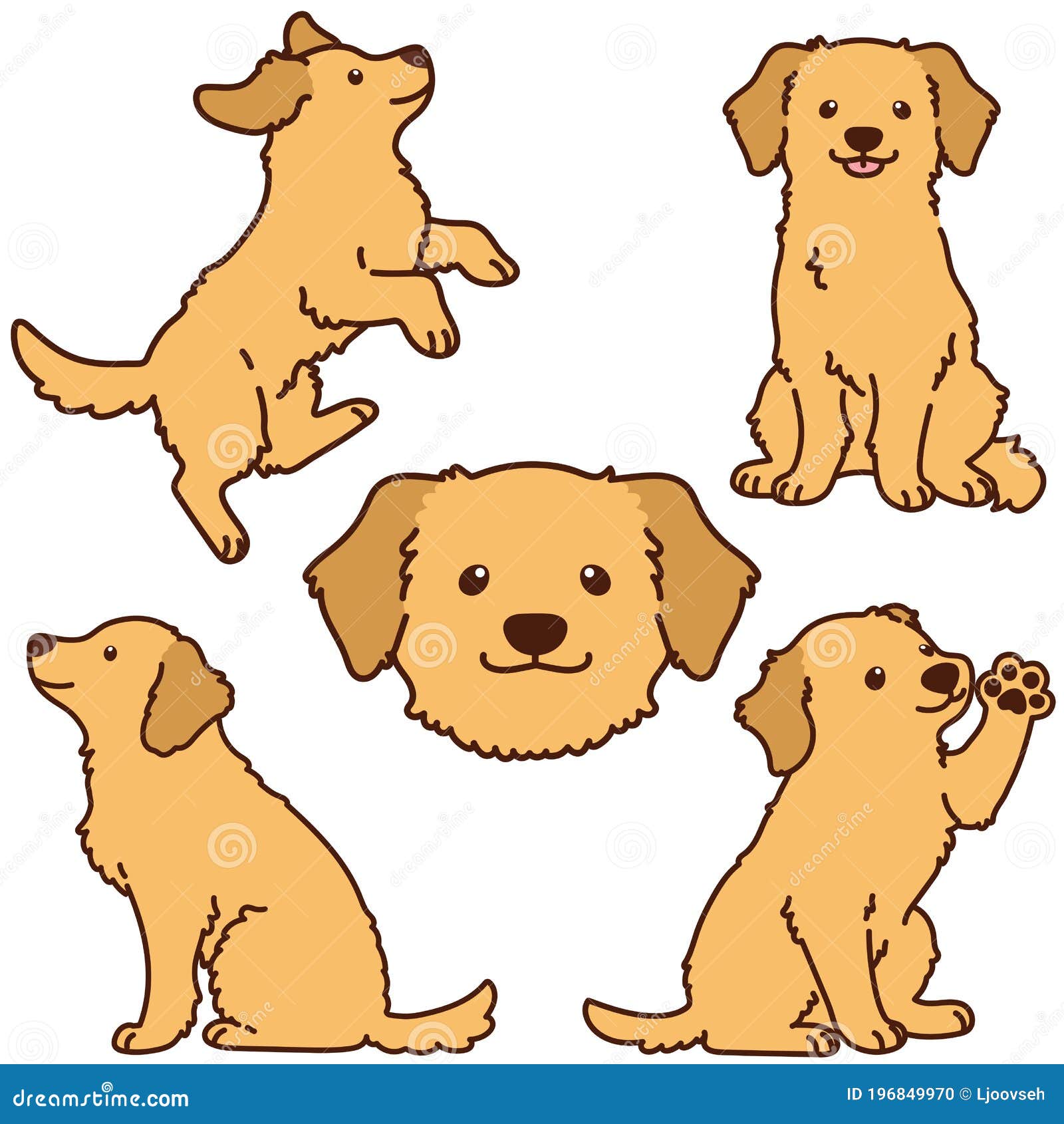 Set of Cute Golden Retriever Illustrations with Outlines Stock Vector