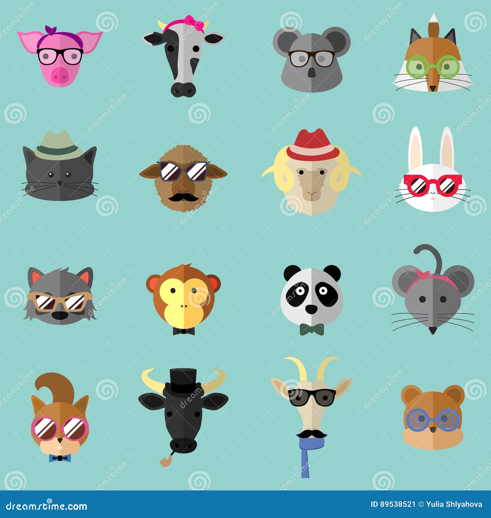 Set of Cute Hipster Animals Portrait Stock Vector Illustration of