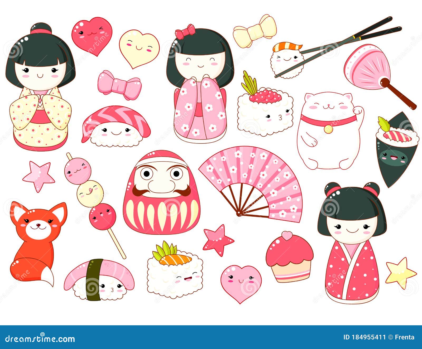 Set of Cute Icons in Kawaii Style Stock Illustration - Illustration of ...