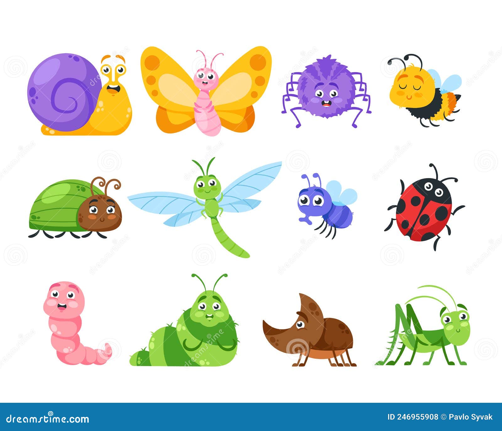 set of cute insects cartoon characters.  snail, butterfly, spider and bee, bug, dragonfly or fly with ladybug