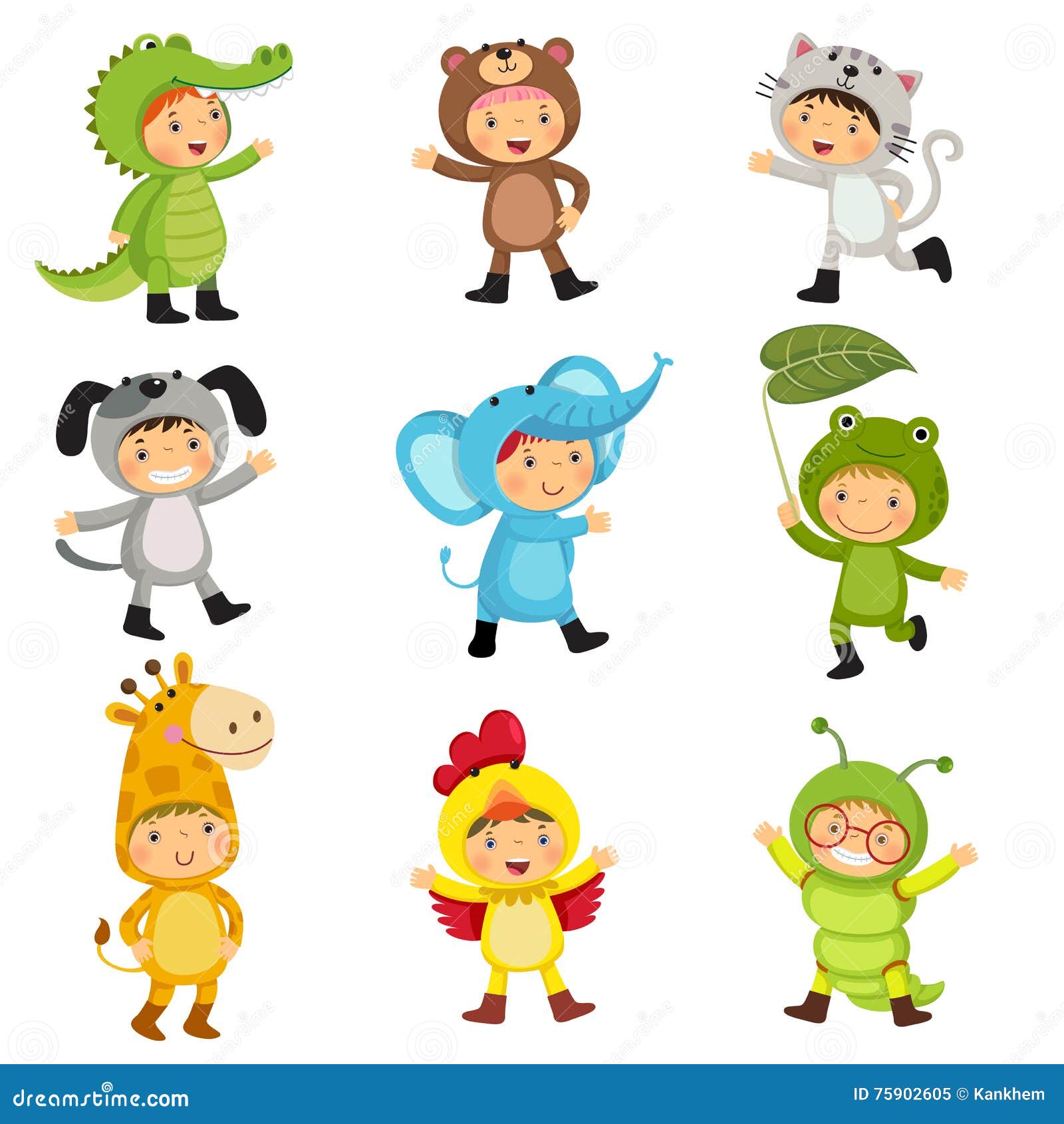 set of cute kids wearing animal costumes. alligator, bear, cat,