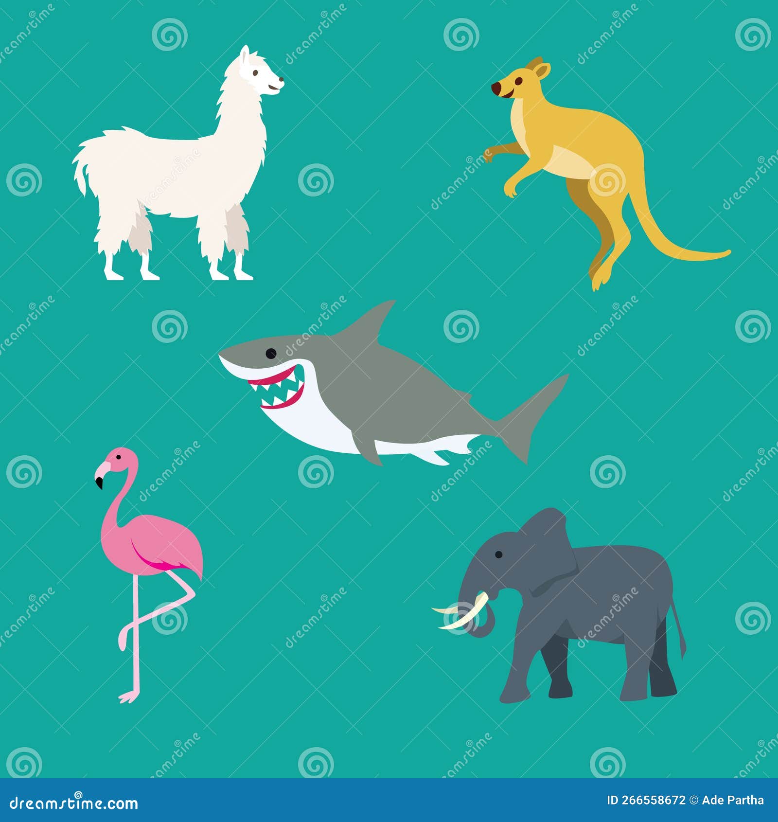 set cute of llama, flamingo, kangaroo, shark and elephant animal with cartoon flat style