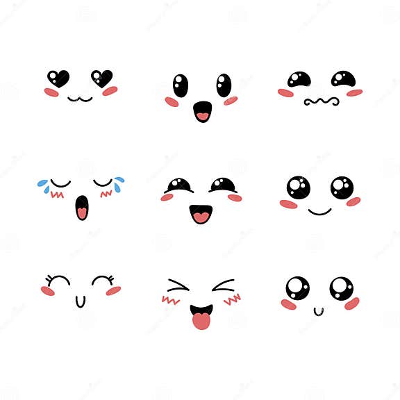 Set of Cute Lovely Kawaii Emoticon. Stock Vector - Illustration of face ...