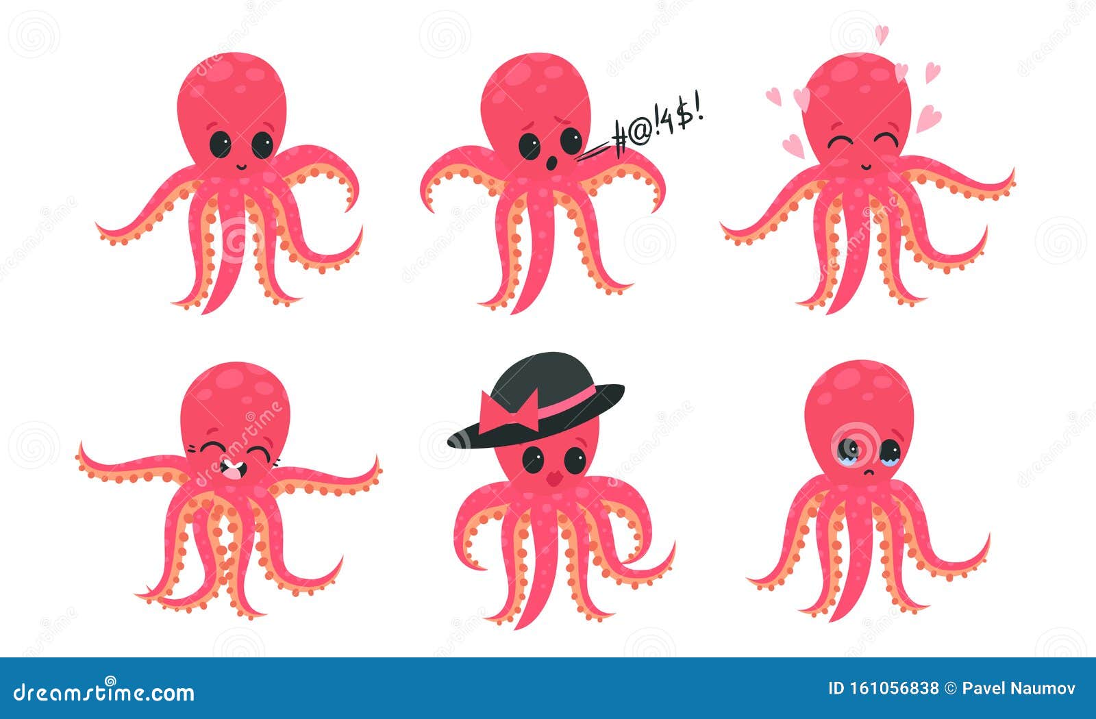 Set of Cute Pink Humanized Octopuses. Vector Illustration. Stock Vector