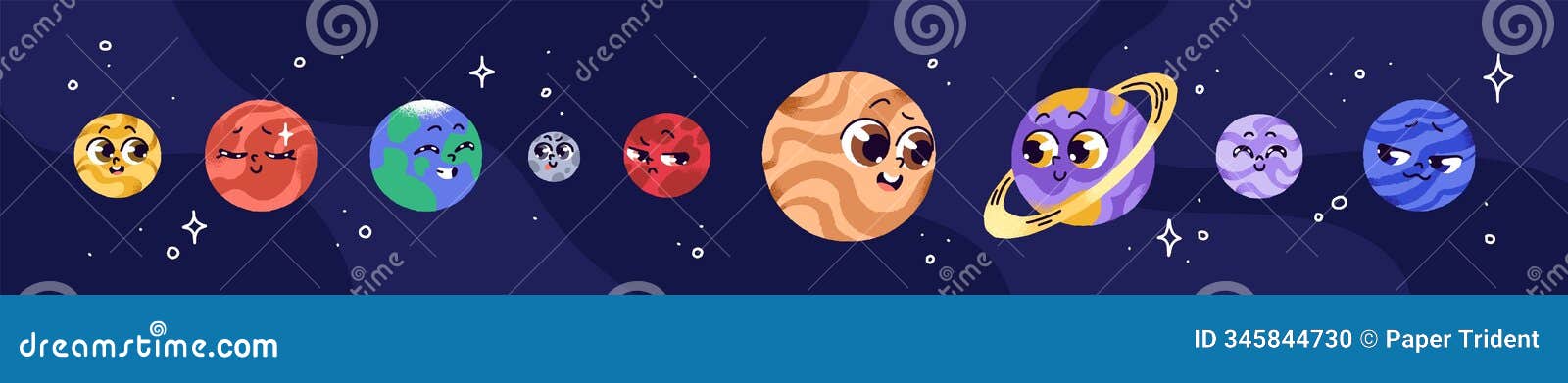 set of cute planet of solar system with faces. row of happy globes in space: mercury, venus, earth, moon, mars, jupiter