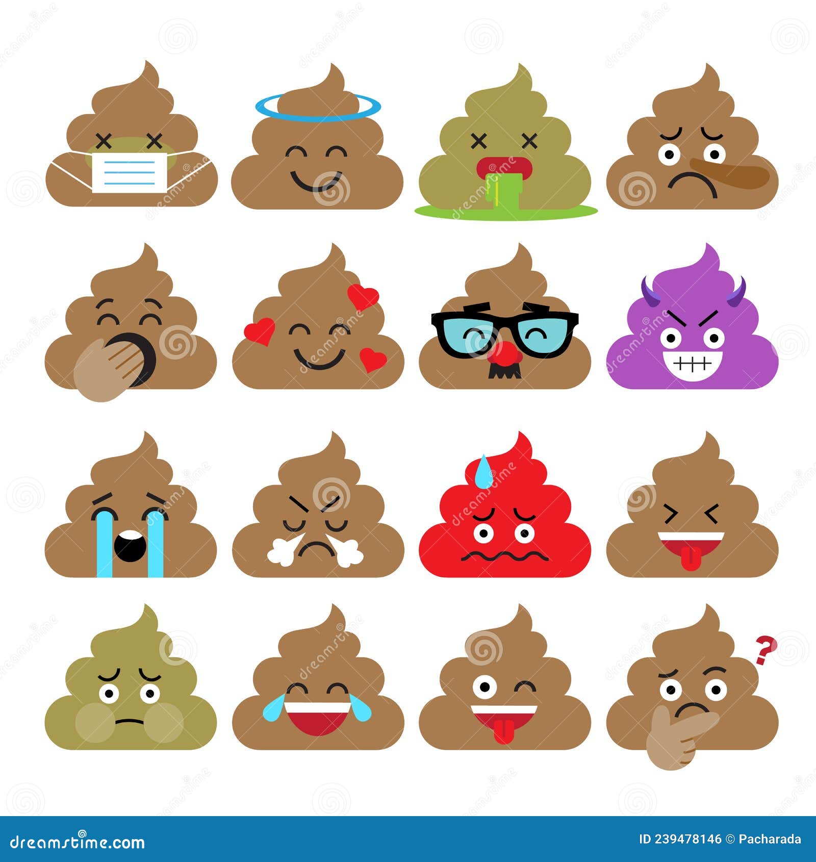 Set of Cute Poop Emoticons, Emoji Flat Design, Vector Illustration ...