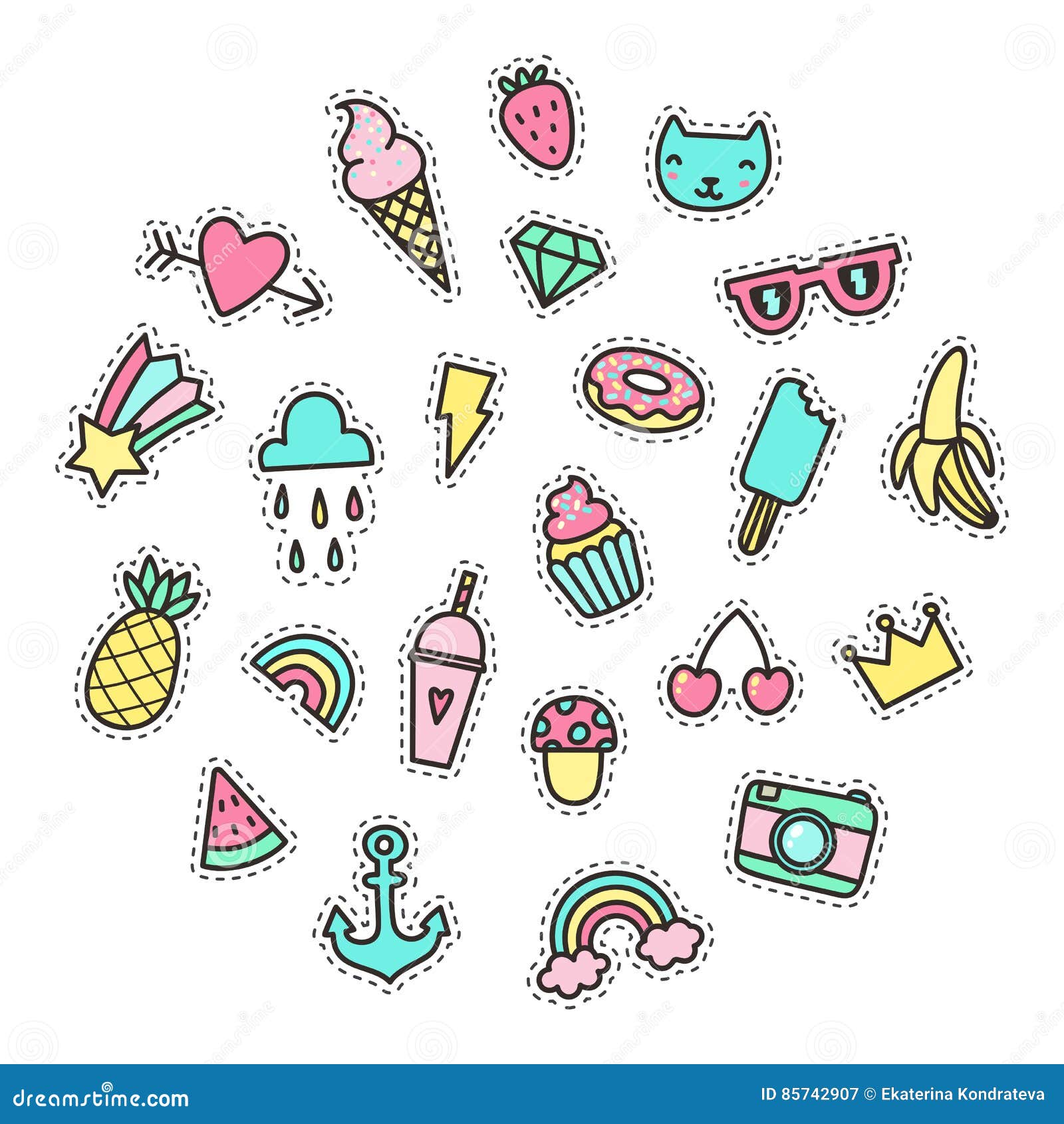 Set of cute pop stickers. stock vector. Illustration of enamel 85742907