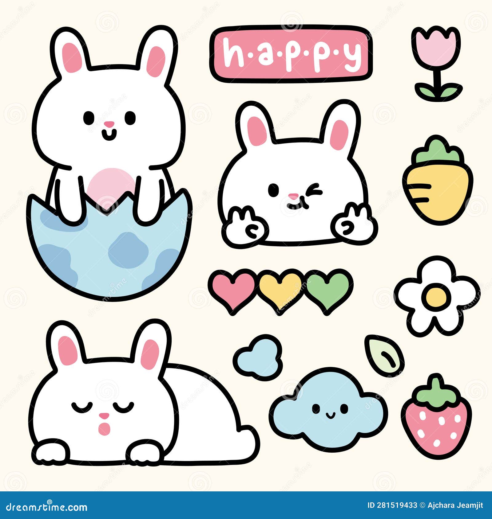 Set of Cute Rabbit in Various Poses with Tiny Icon Cartoon.Pet Animal ...