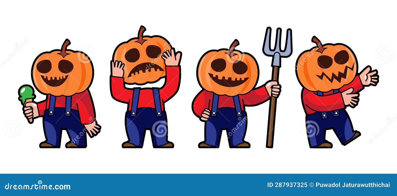 Set of Cute Scarecrow with Pumpkin Head Cartoon Characters . Halloween