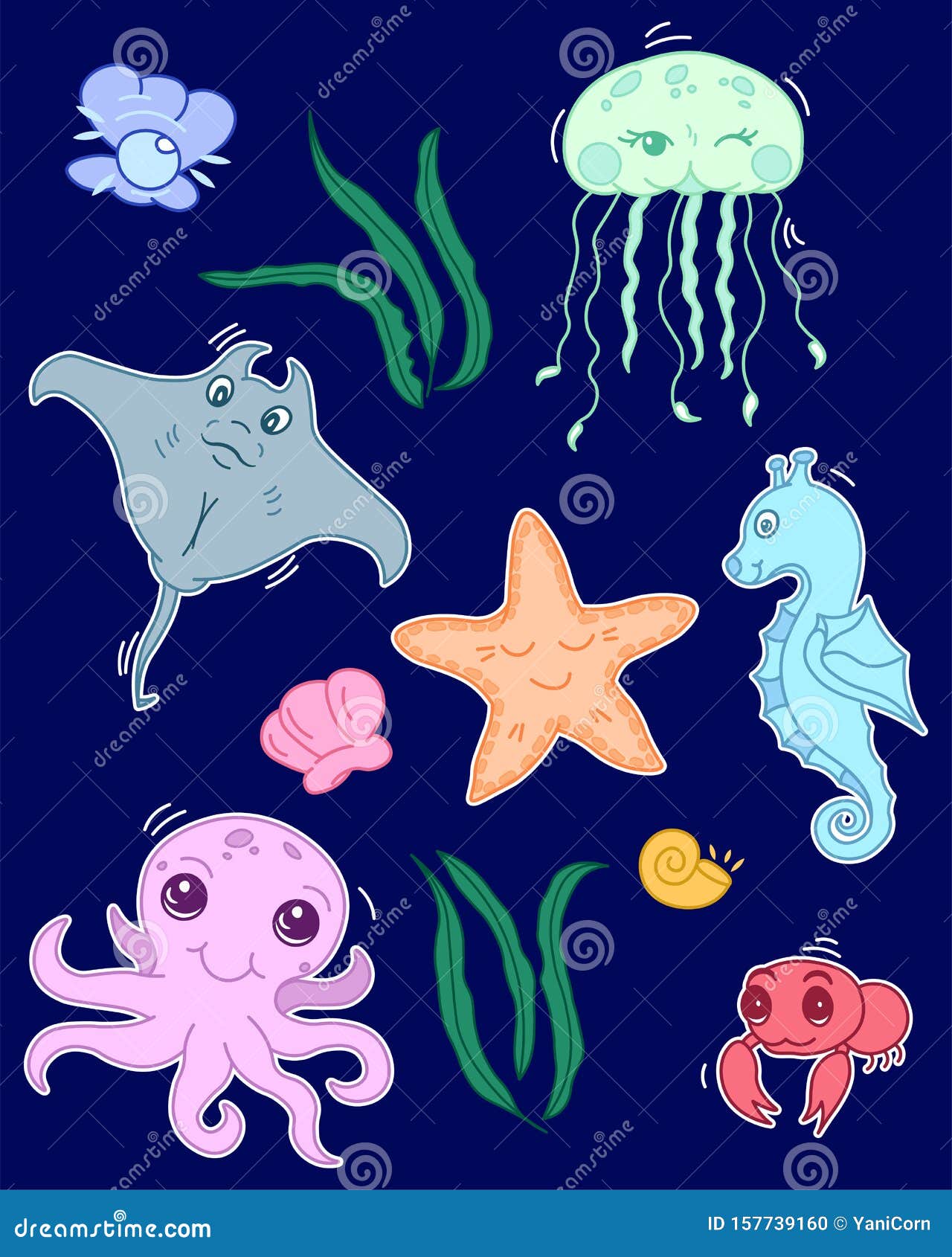 Set of Cute Sea Creatures, Kawaii Cartoon Drawn Ocean Animals, Baby