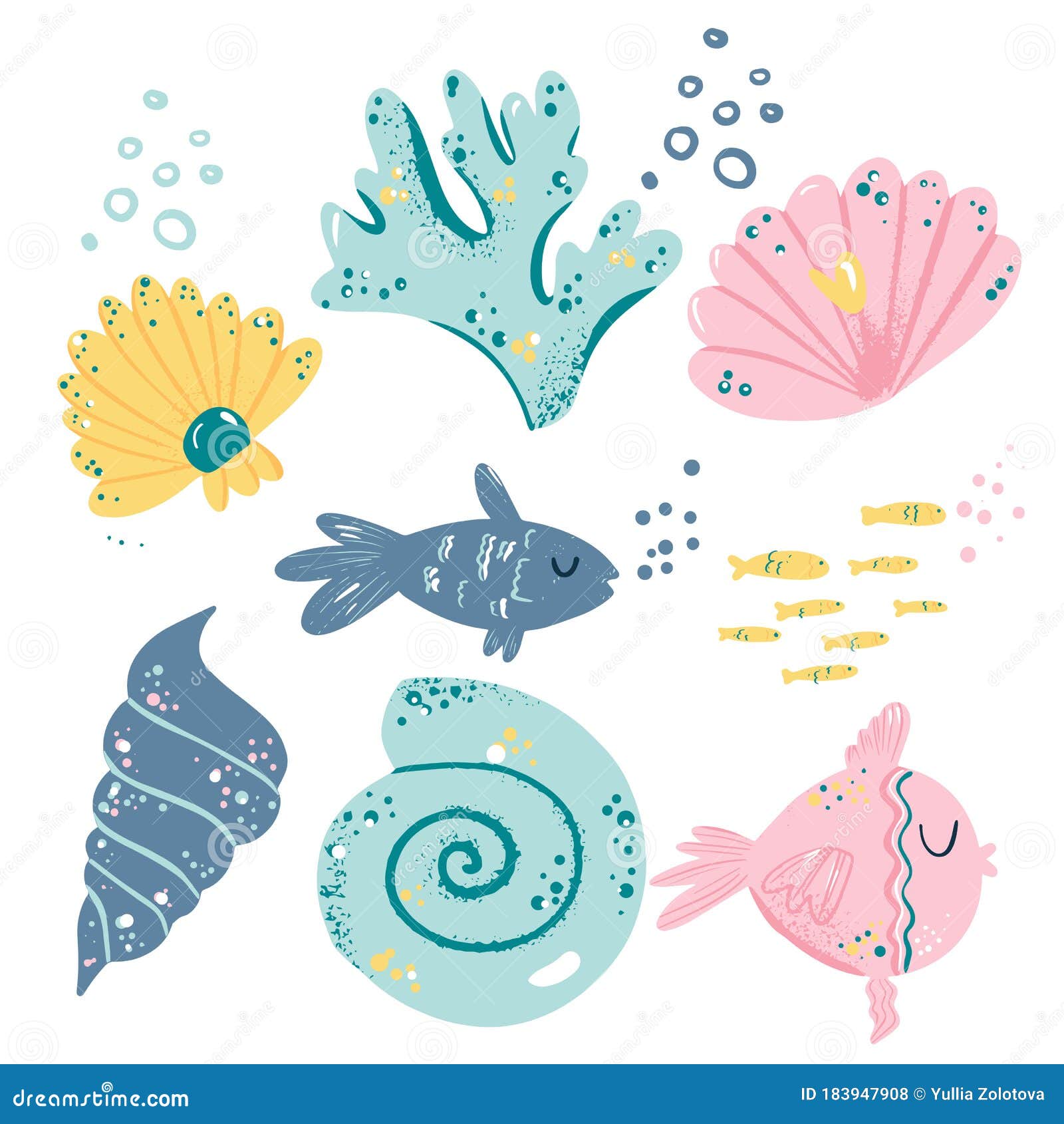 Set with Cute Sea Fish and Creatures. Cartoon Illustration with Underwater  Animals. Summer, Beach and Sea Elements Stock Vector - Illustration of ocean,  aquatic: 183947908