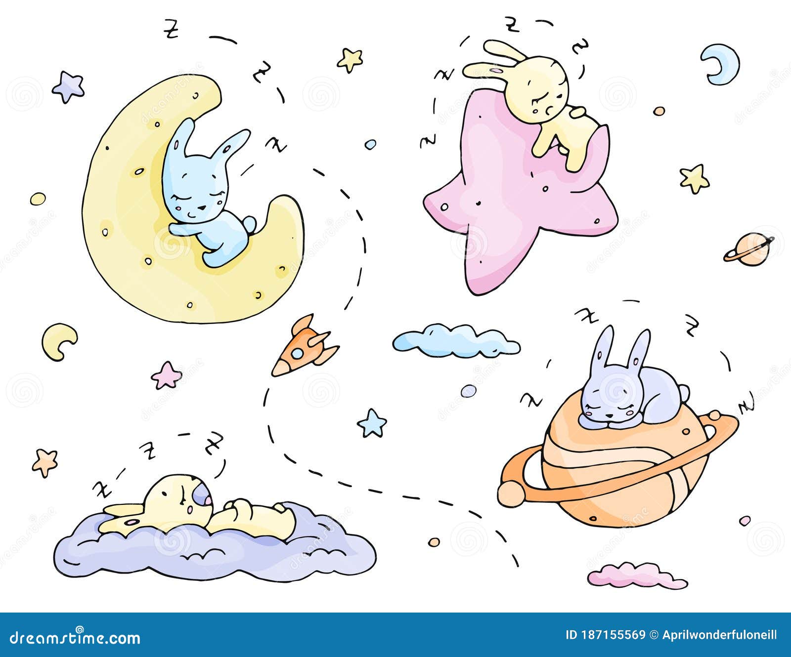 cute rabbits and sky objects,  tender set for nurcery