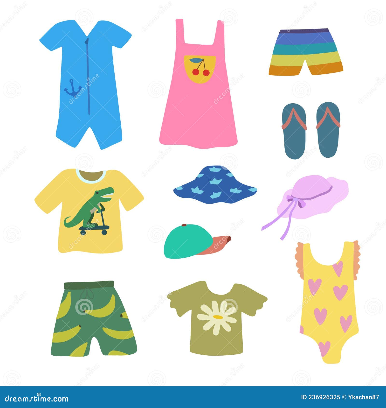 Set of Cute Summer Beach Children Clothes in Doodle Cartoon Style ...