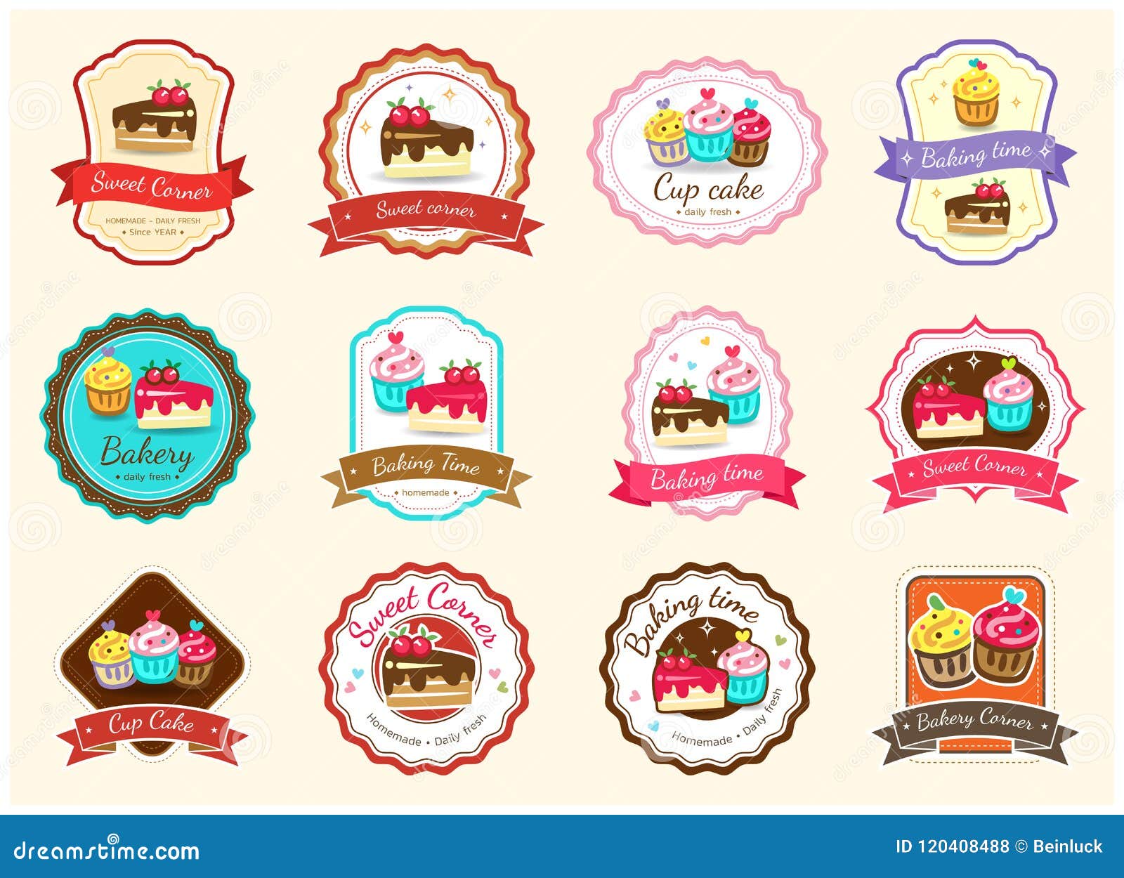 set of cute sweet bakery badge label and logo