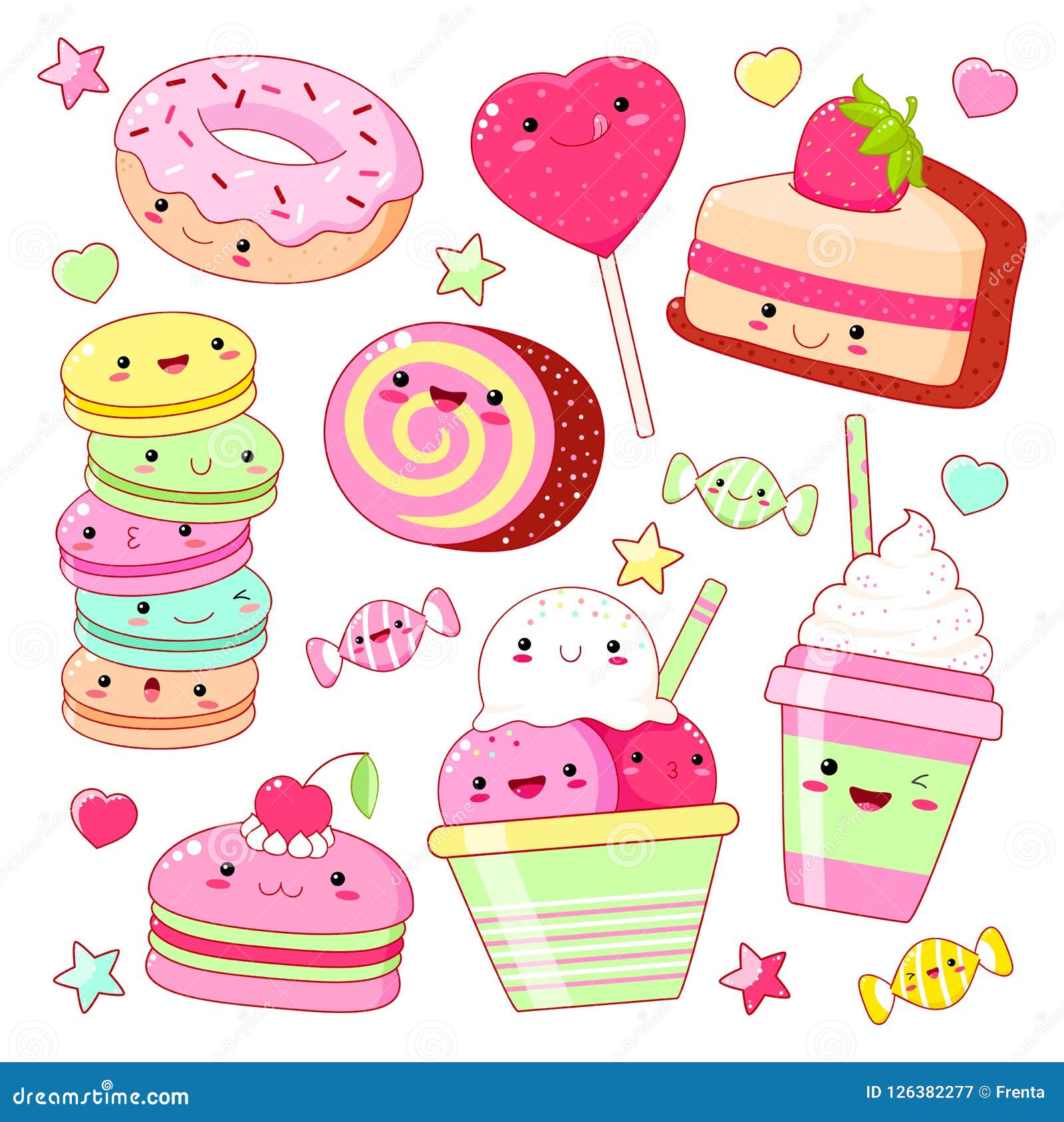 Set of Fun Stickers Desserts Kawaii Bakery Food Stock Vector