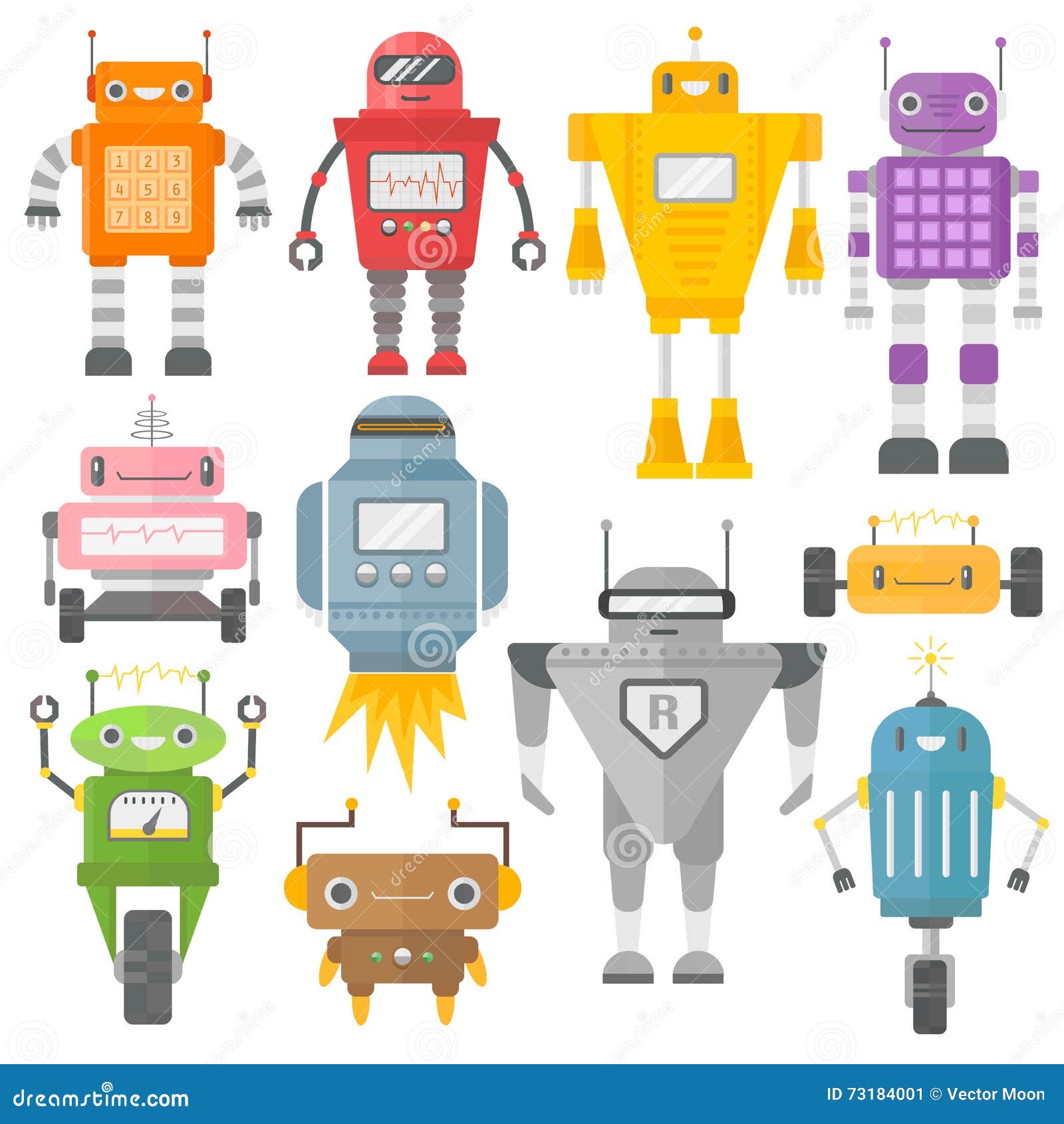 Set of Cute Vintage Robots Vector. Stock Vector Illustration of