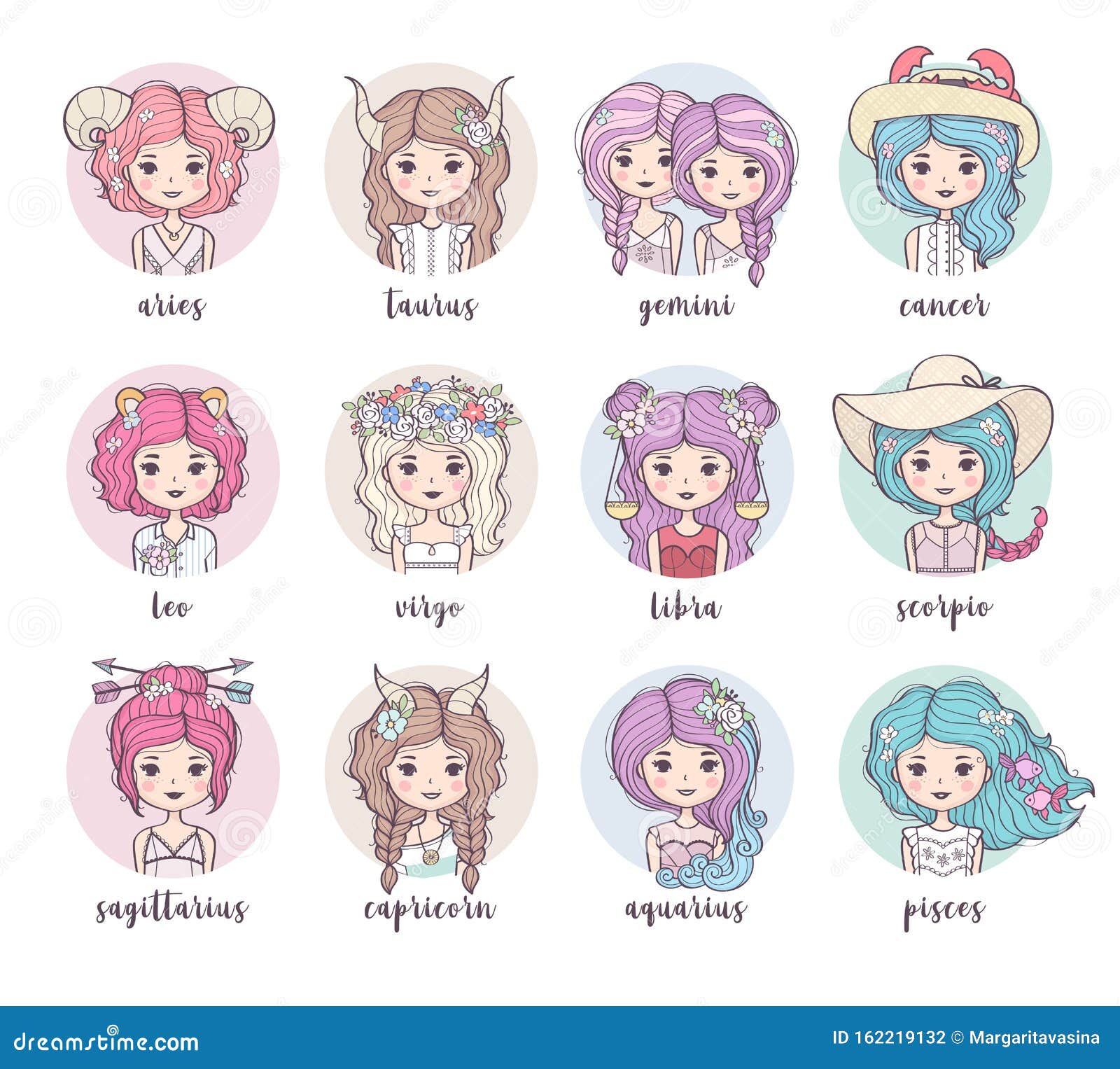 Set of cute zodiac girls stock illustration. Illustration of aquarius ...