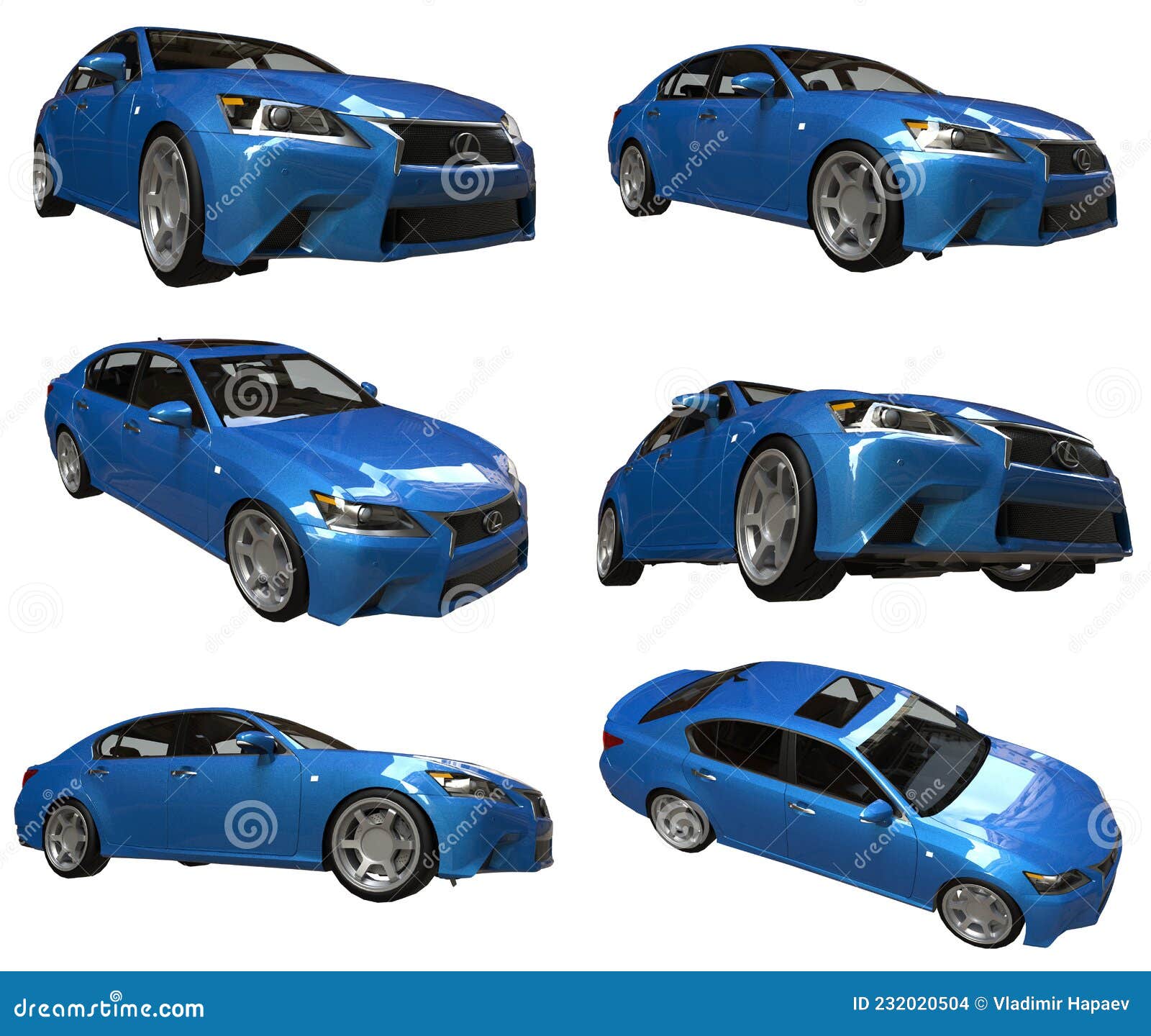 Set 3d Model Blue Lexus Gs on White Background. 3d Rendering. Editorial