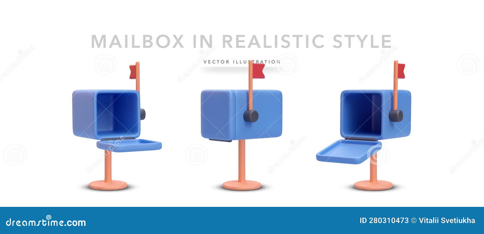 Set of 3d Realistic Blue Mailbox Icons with Shadow Isolated on White