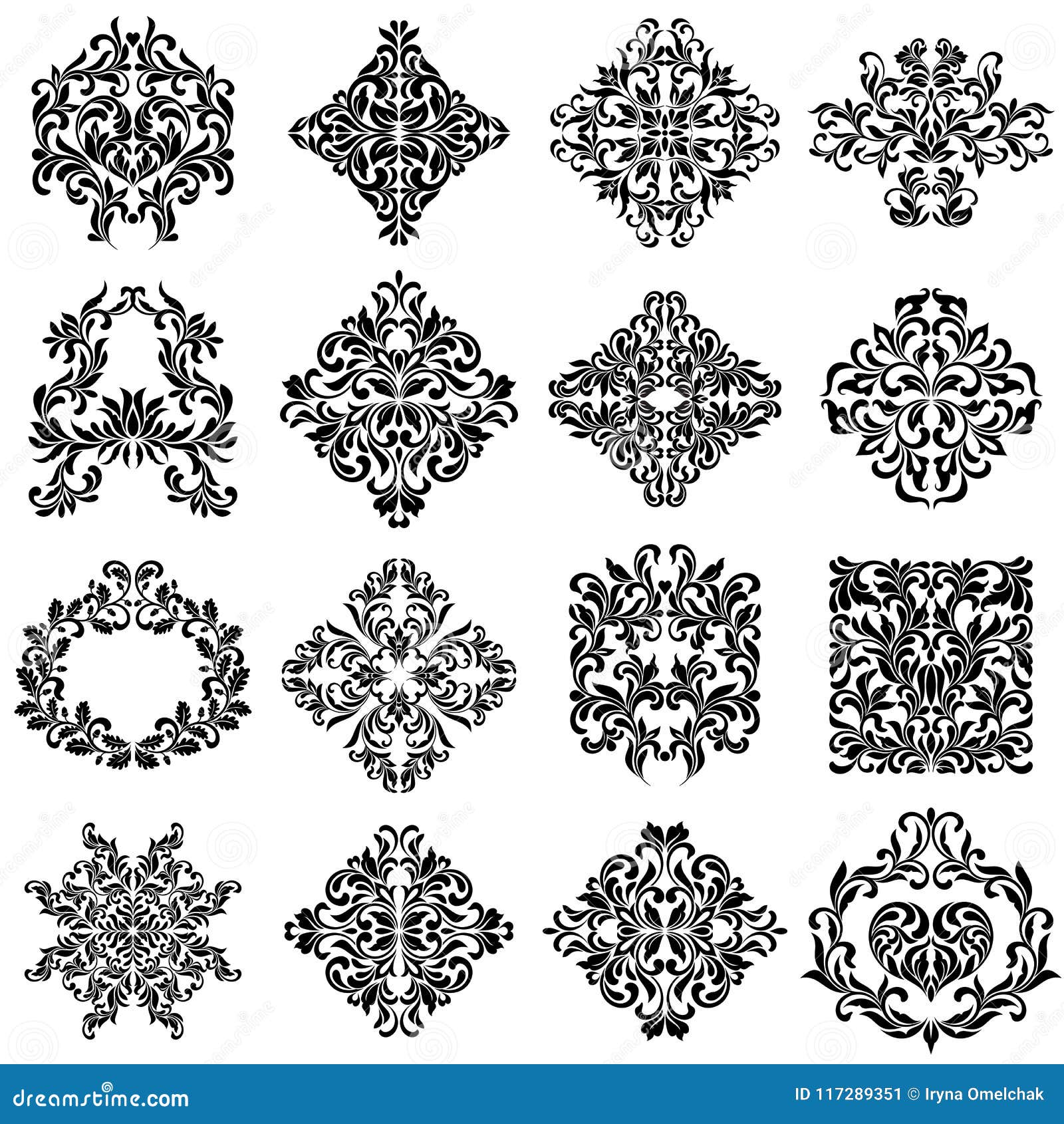 set of damask ornaments for  use. elegant floral and vintage s. embellishments  on white background.