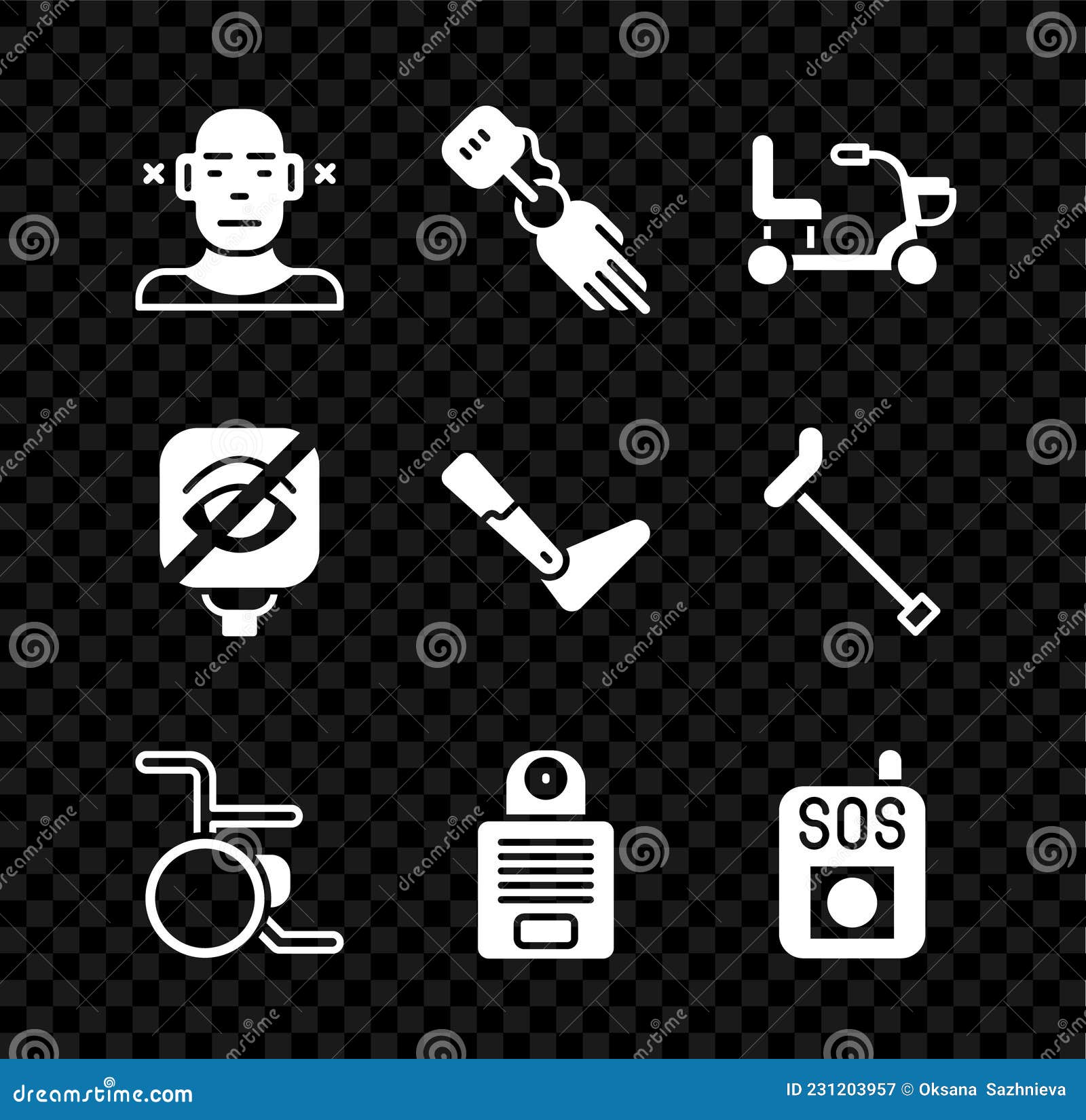 set deaf, prosthesis hand, electric wheelchair, wheelchair, intercom, press sos button, blindness and leg icon. 