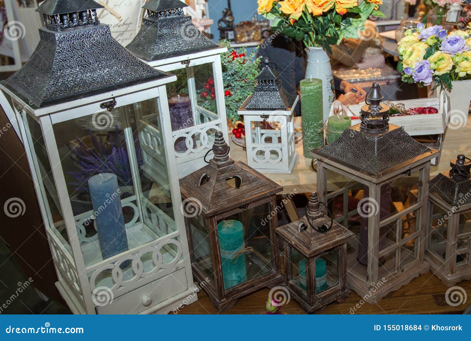 Set of Decorative Candle Lanterns on Floor Stock Photo Image of close