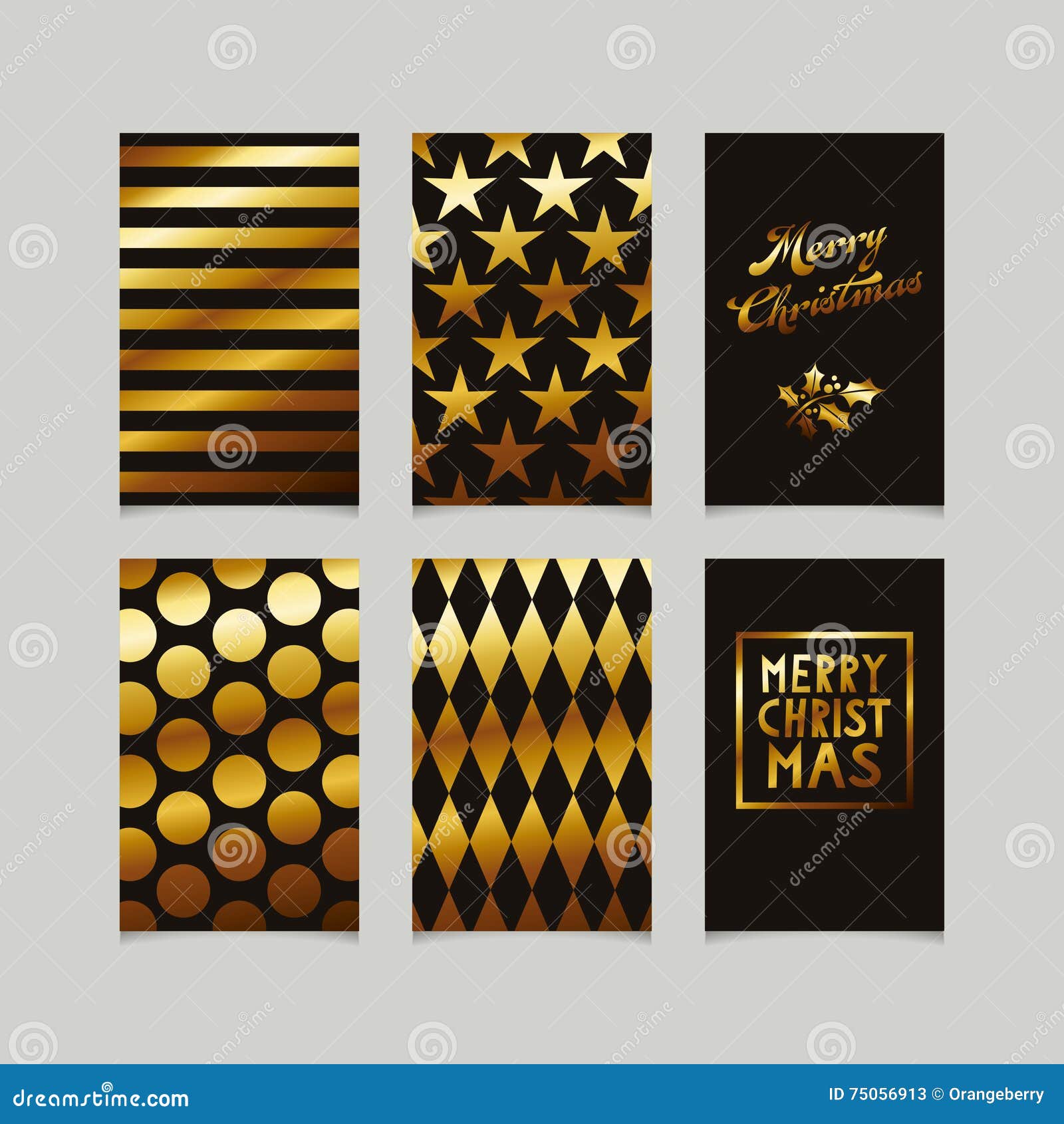 Set of Decorative Christmas Cards in Gold Stock Vector Illustration