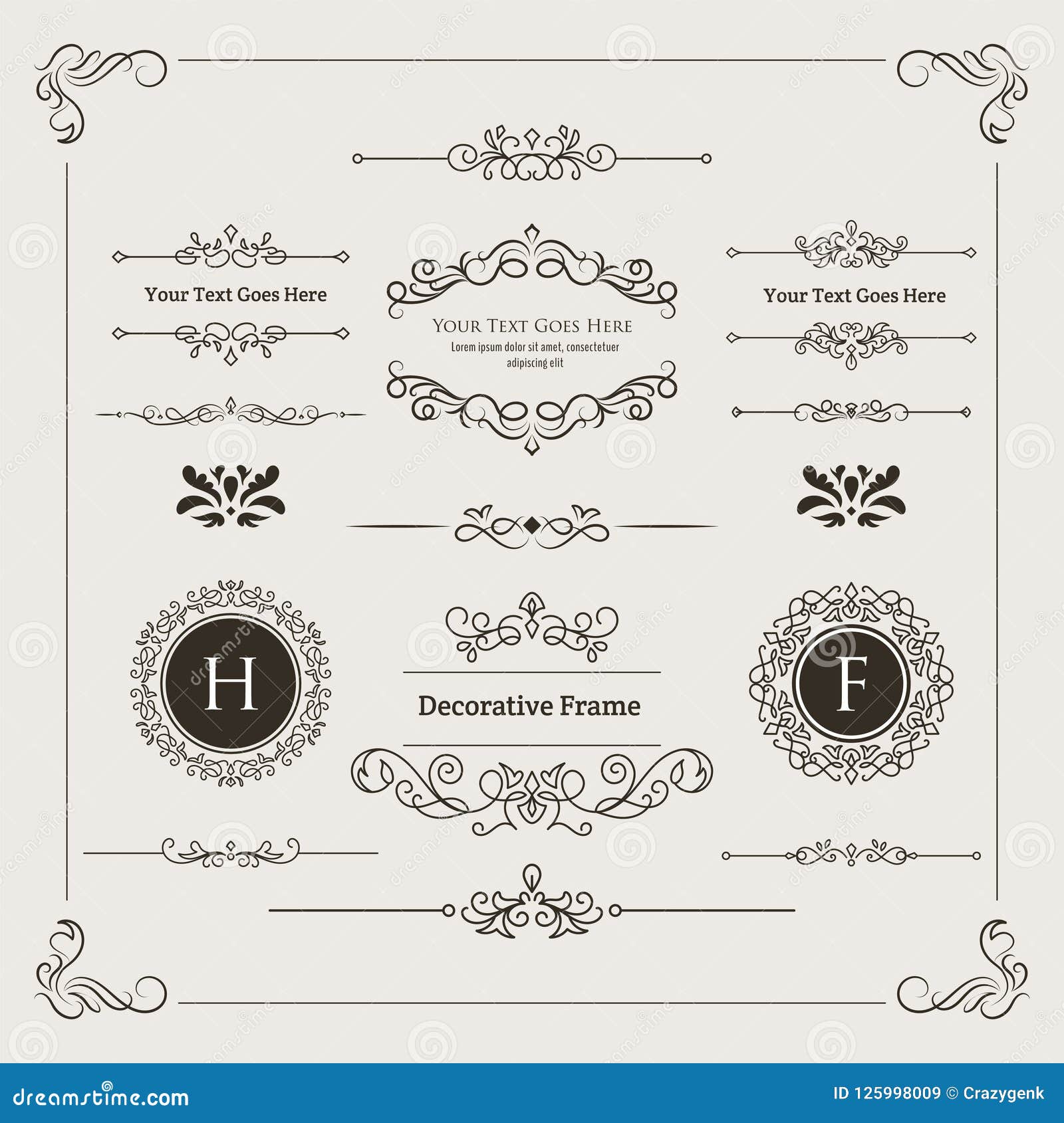 set of decorative divider, monogram, & frame 