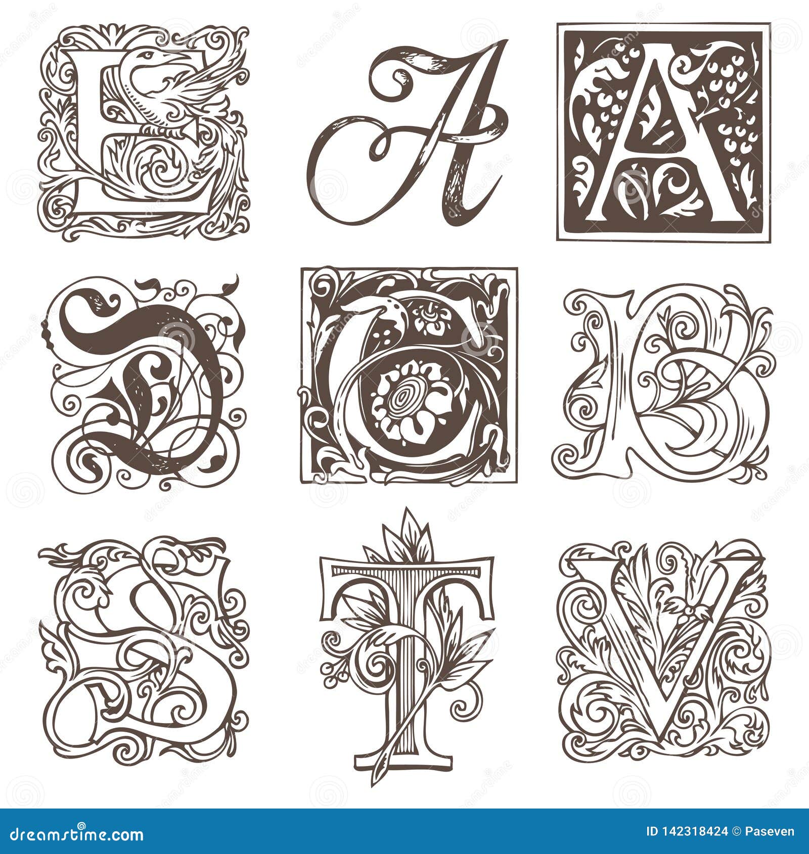 Set of Decorative Hand Drawn Initial Letters Stock Vector