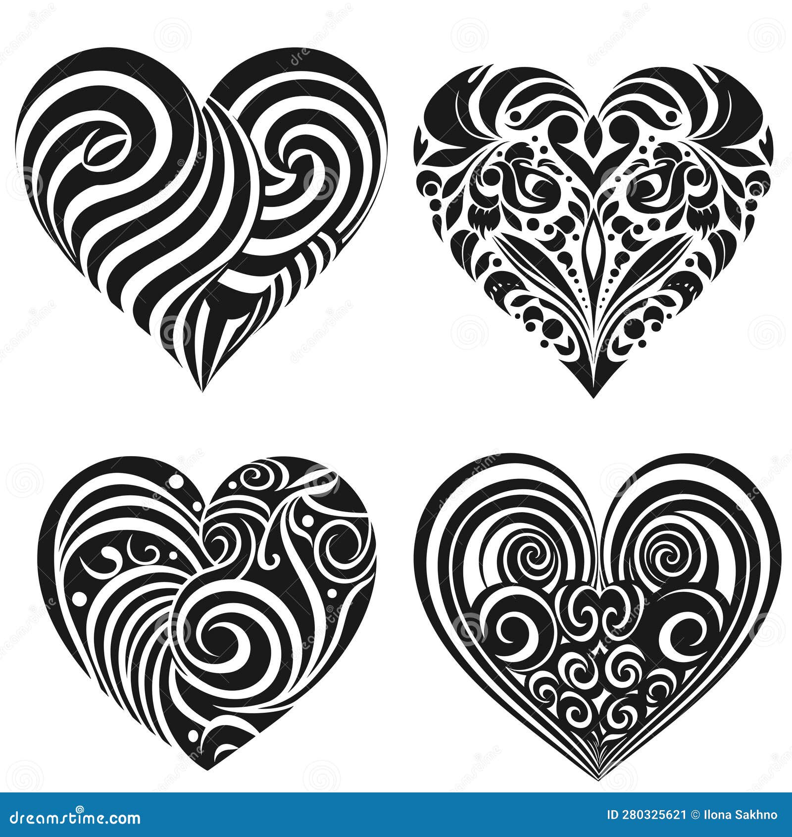 Set of Decorative Hearts, Black and White. Vector Stock Vector