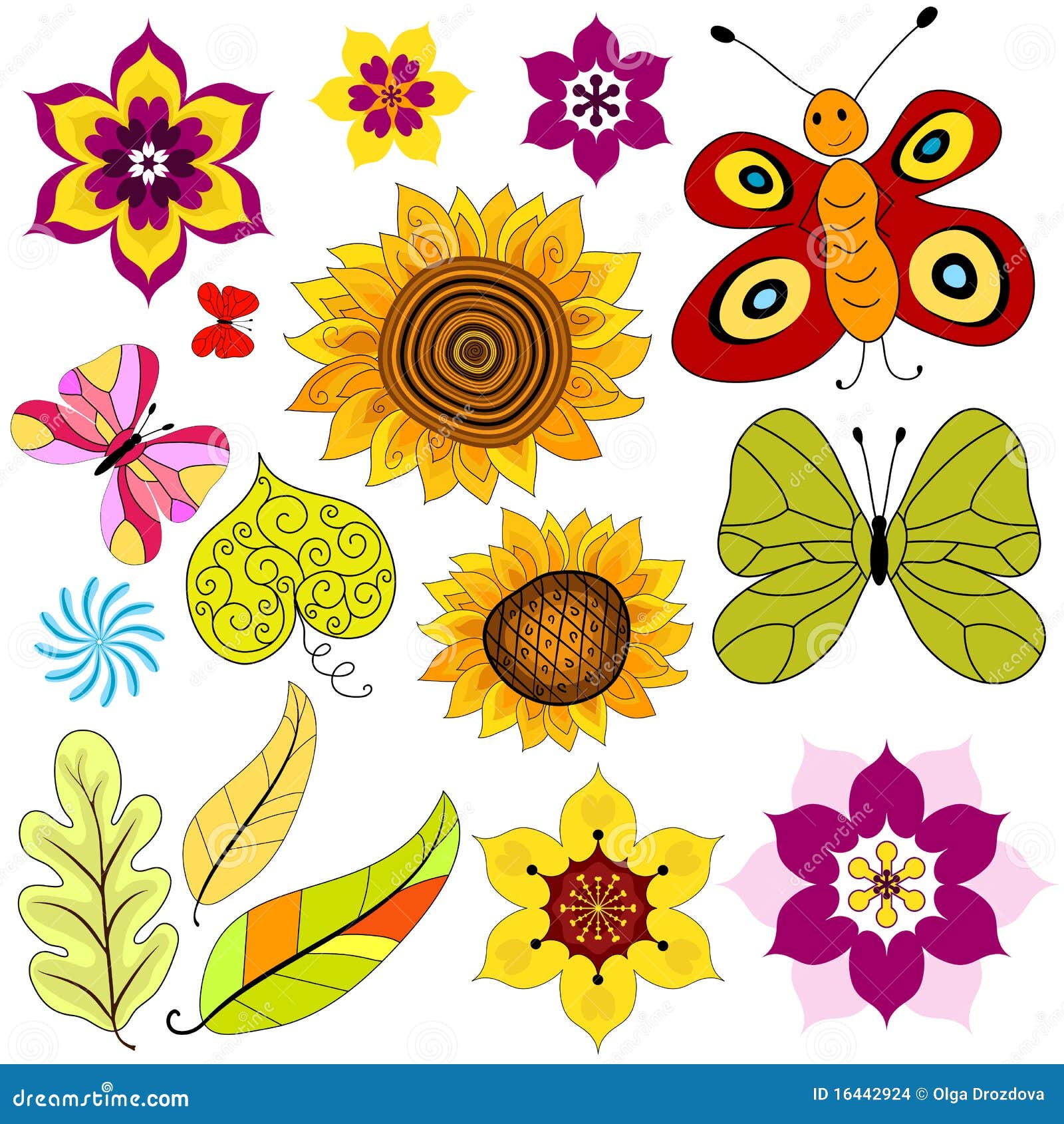 Set Decorative Isolated Flowers and Butterflies Stock Vector