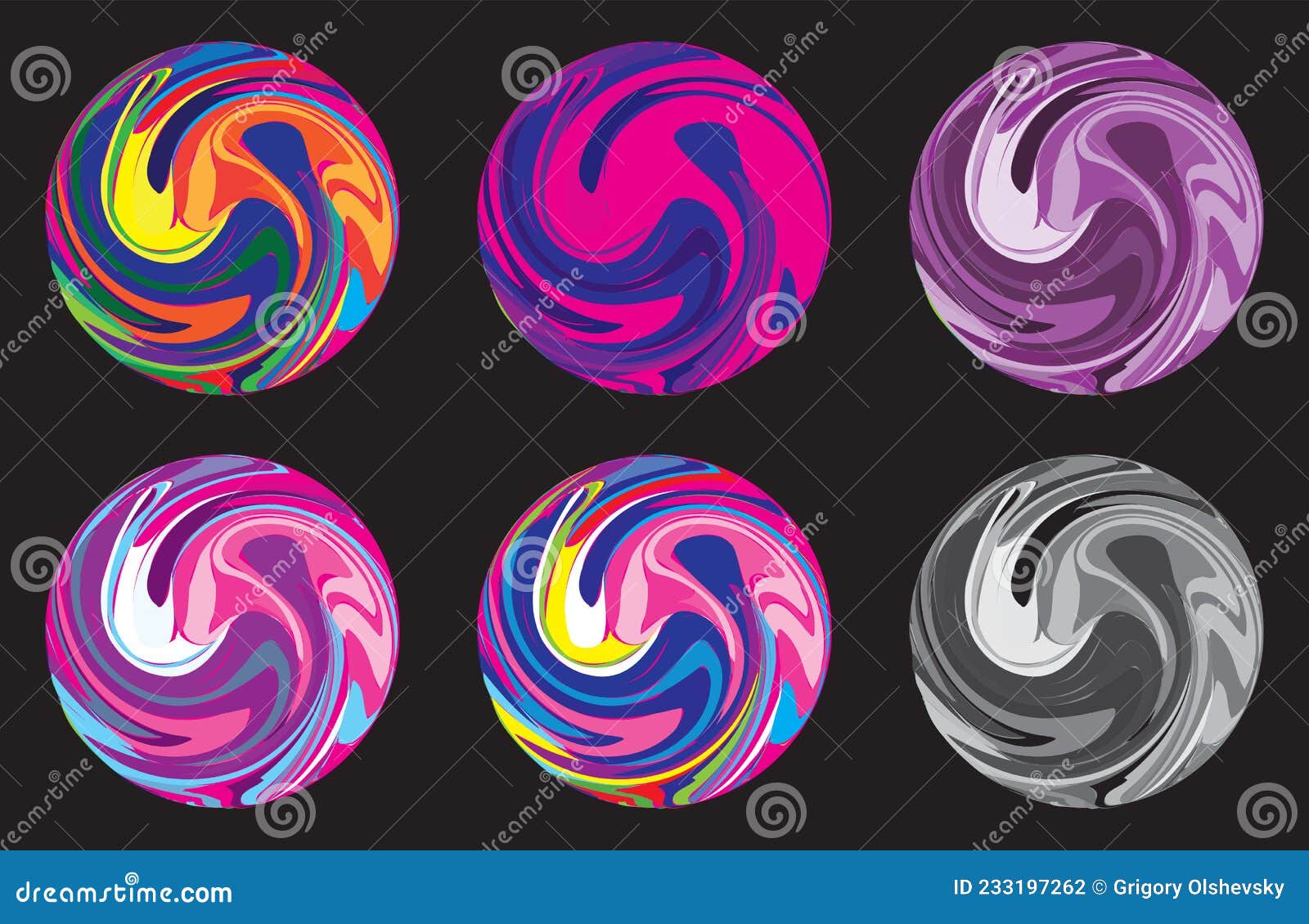 Set of Decorative Spheres. Abstract Round Spiral Striped Design Element