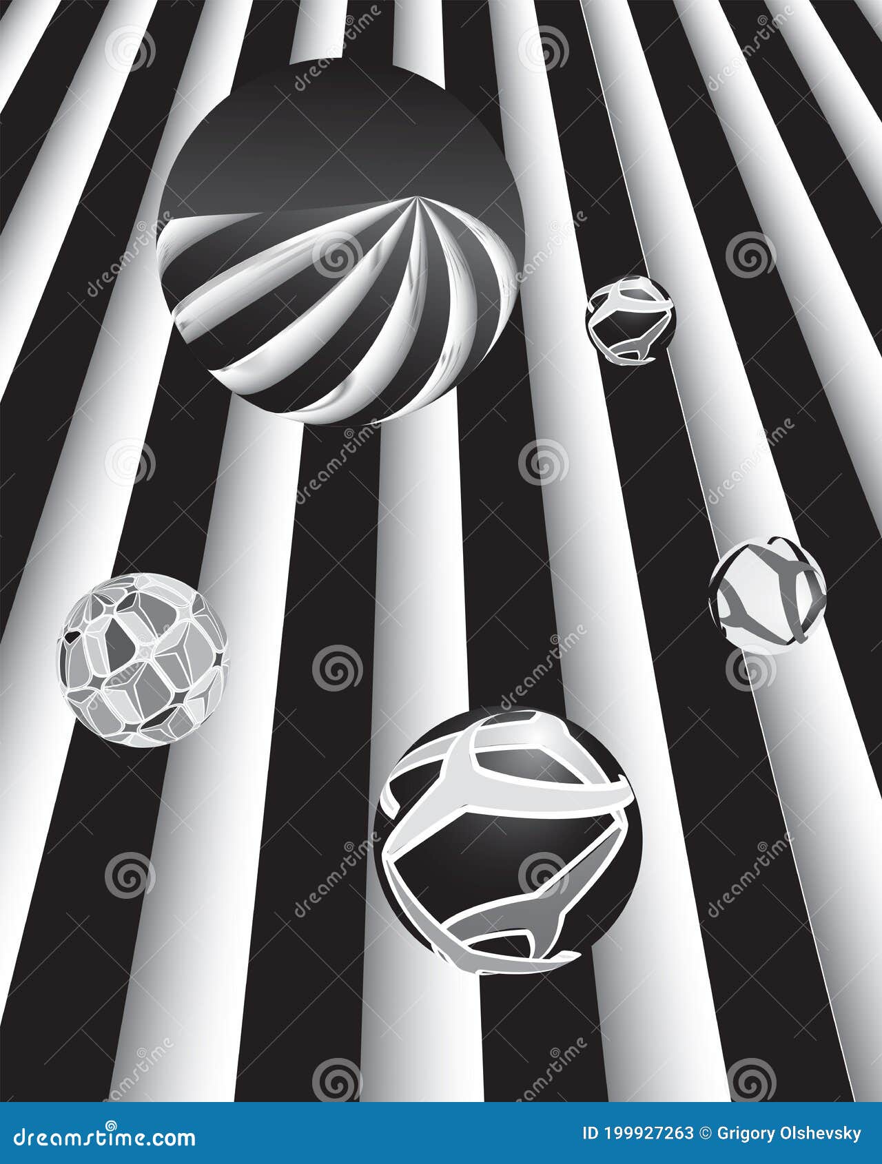 Set of Decorative Spheres on a Black and White Background Stock
