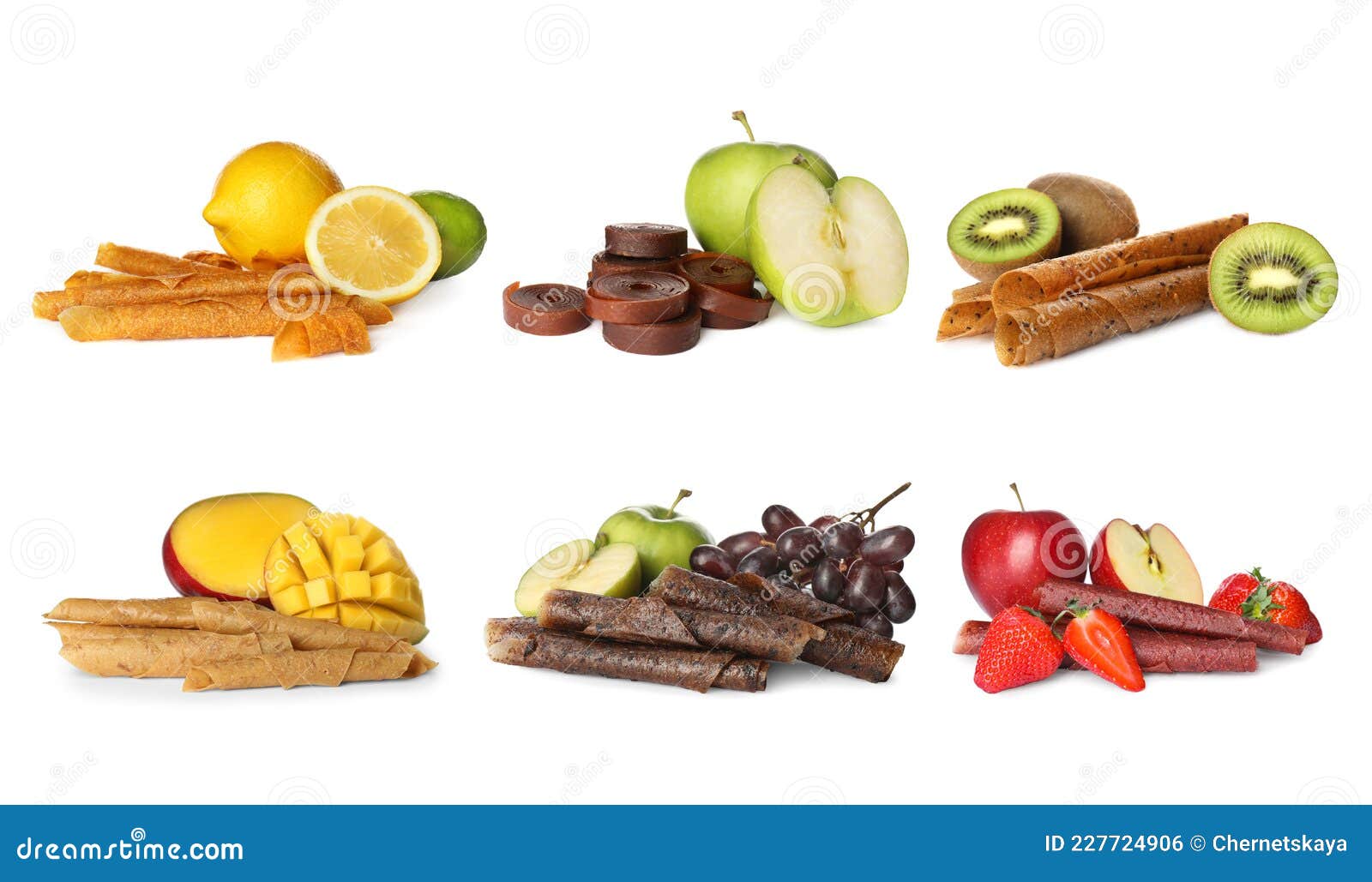 Set with Delicious Fruit Leather Rolls and Ingredients on White