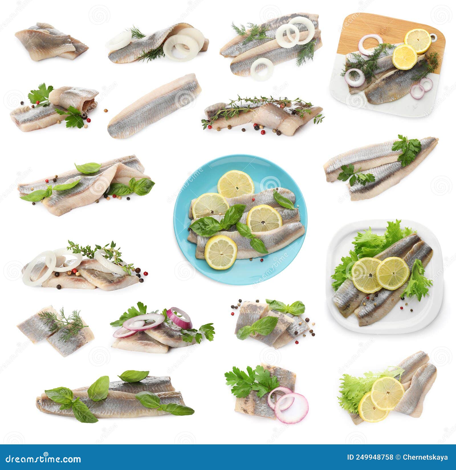 Set with Delicious Salted Herring Fillets on White Background Stock