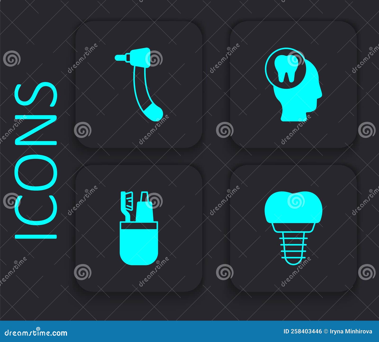 Set Dental Implant, Tooth Drill, Toothache and Toothbrush and