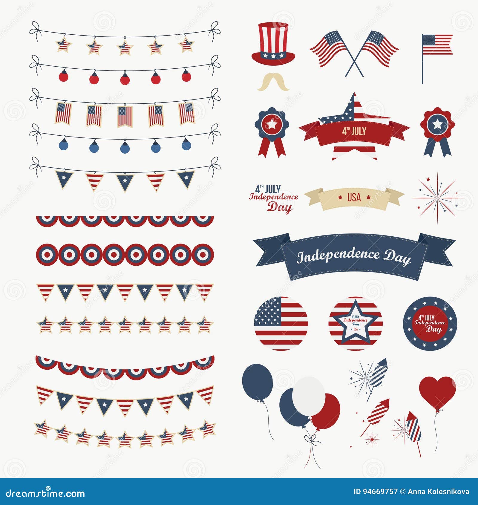 A set of design elements for Independence Day. 4th of July Objects, Element. Isolated on white. Vector icons.