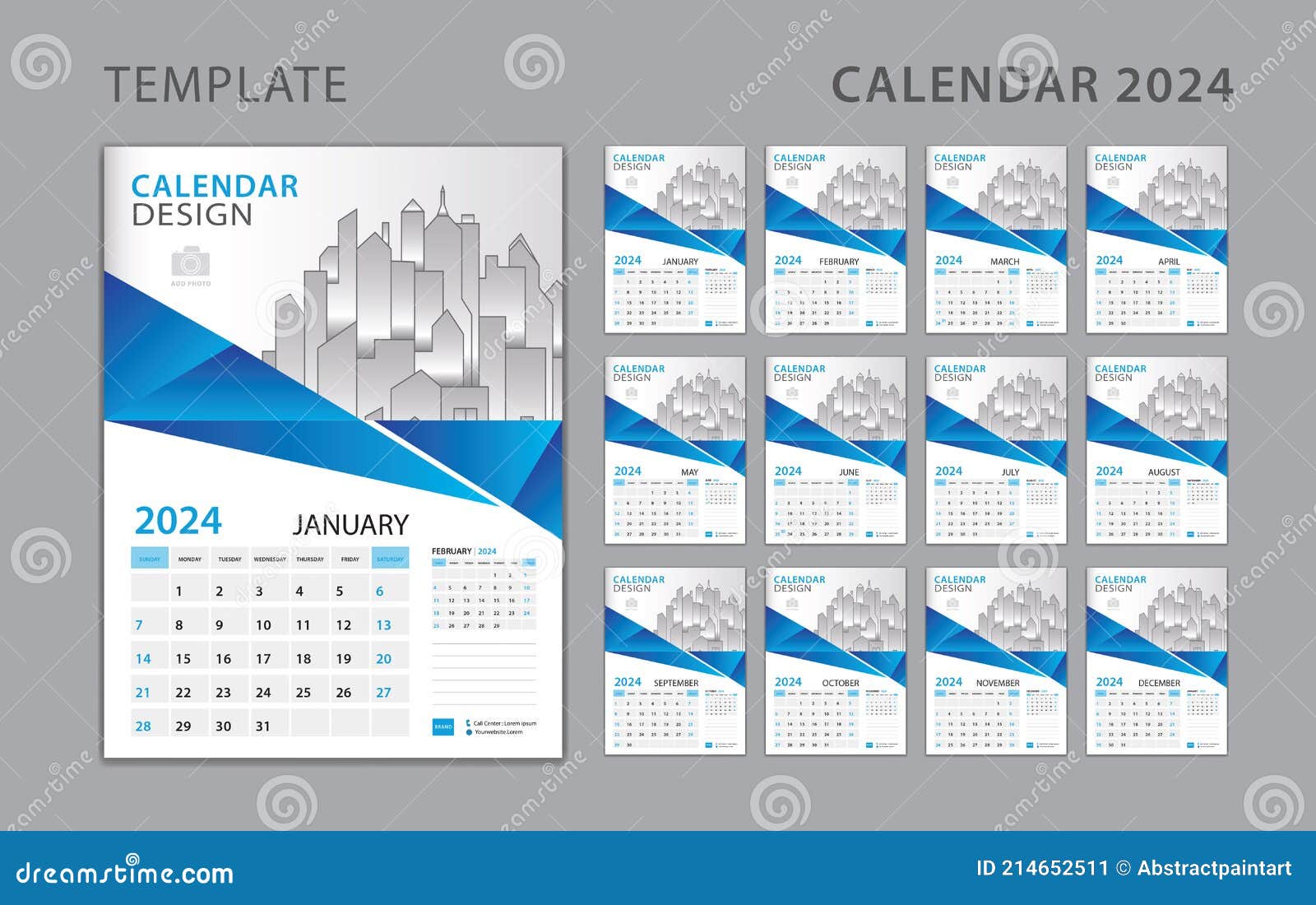 Set Desk Calendar Blue Color Template Design Place Photo Company Logo Wall Week Starts Sunday Months Polygon 214652511 