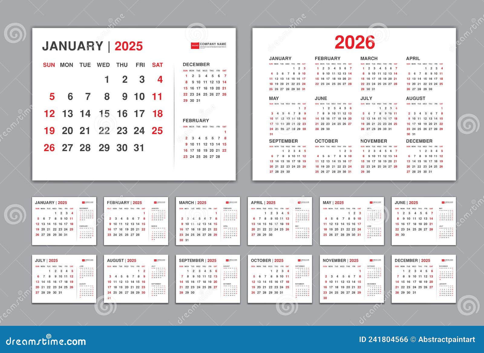 Monthly Calendar Template for 2025 Year. Week Starts on Sunday Desk Calendars For 2025-2026