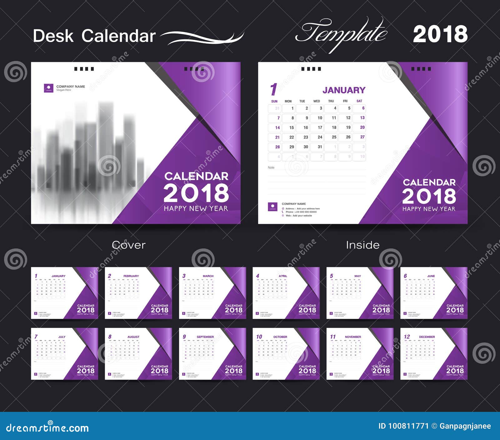 Set Desk Calendar 2018 Template Design Purple Cover Stock Vector