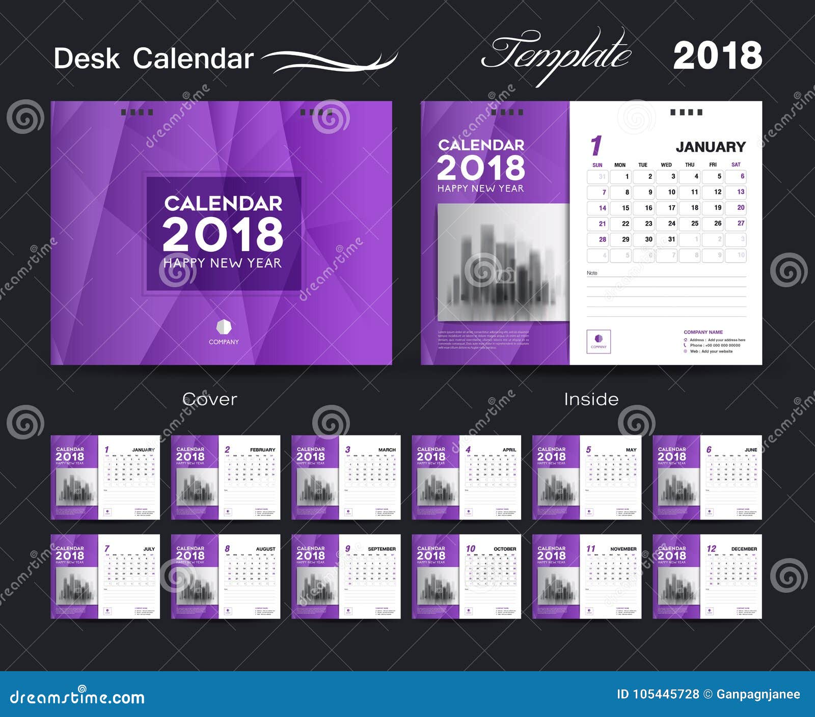 Set Desk Calendar 2018 Template Design Purple Cover Set Of 12