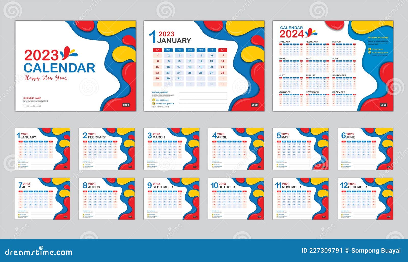 Desk Calendar 2023 Template Vector, Calendar 2024 Year, Set of 12