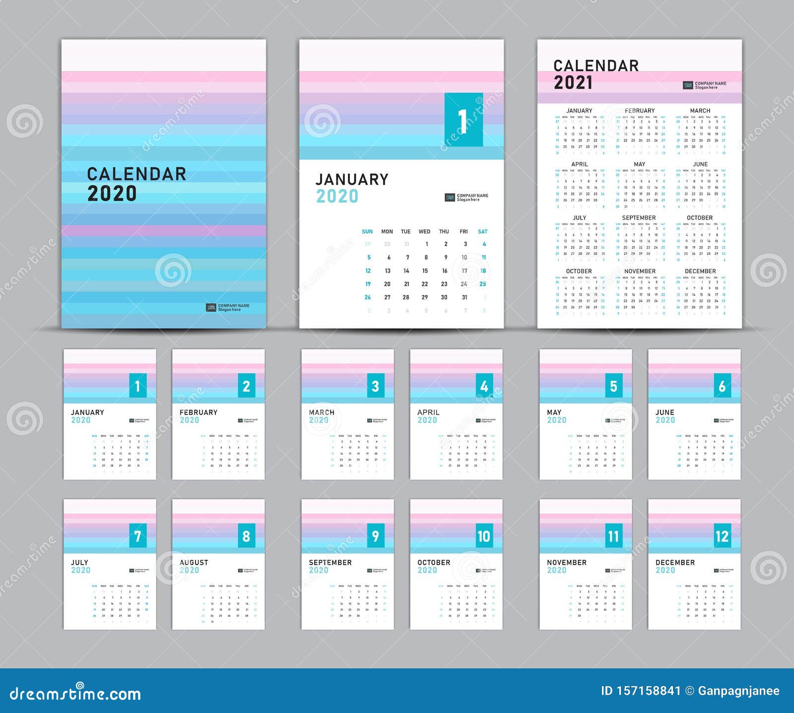 Set Desk Calendar 2020 Template Vector, Pastel Concept ...